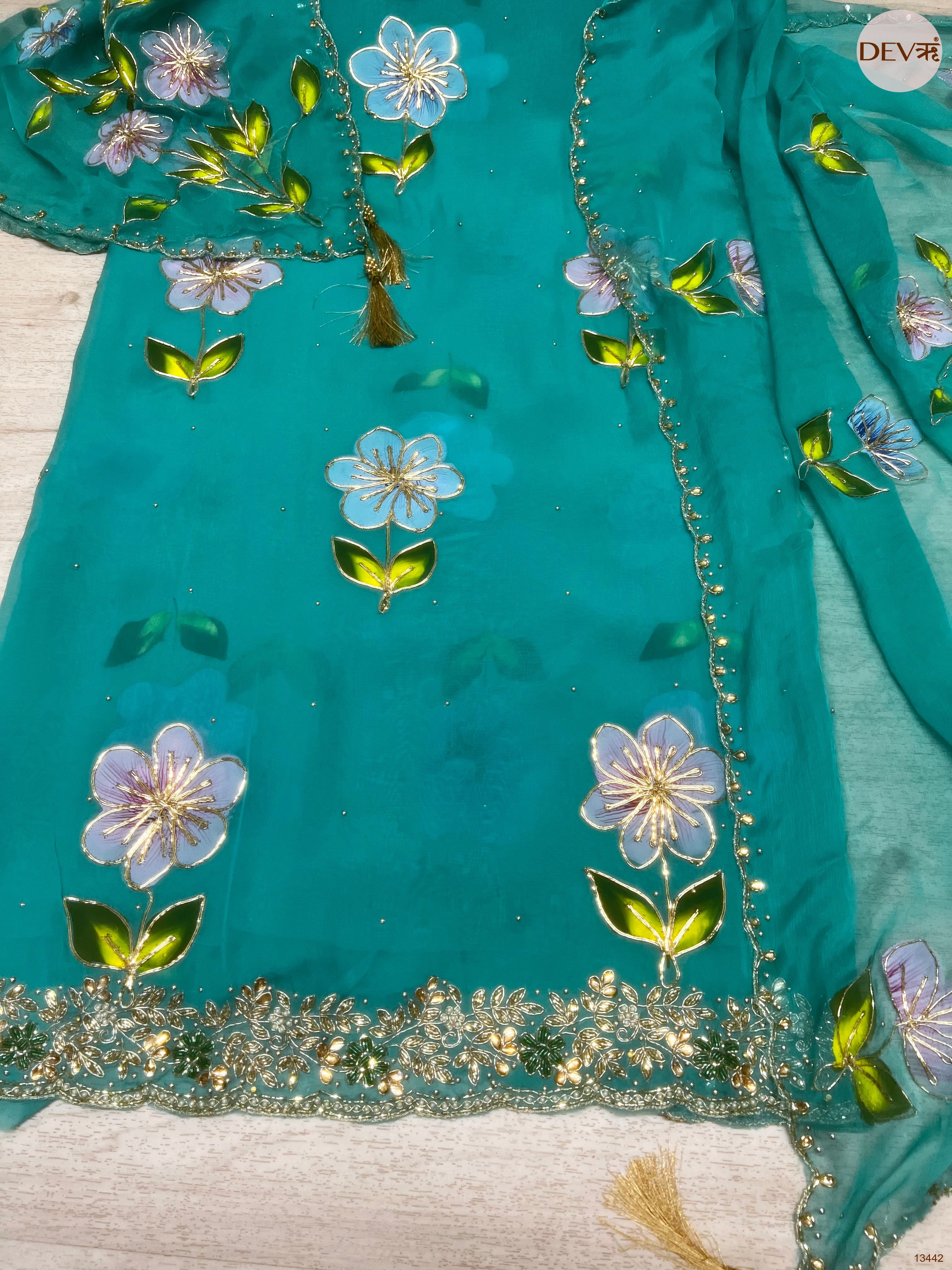 Teal viscose organza Embroidered Unstitched 3-Piece Suit (Devri – D.No 13442)