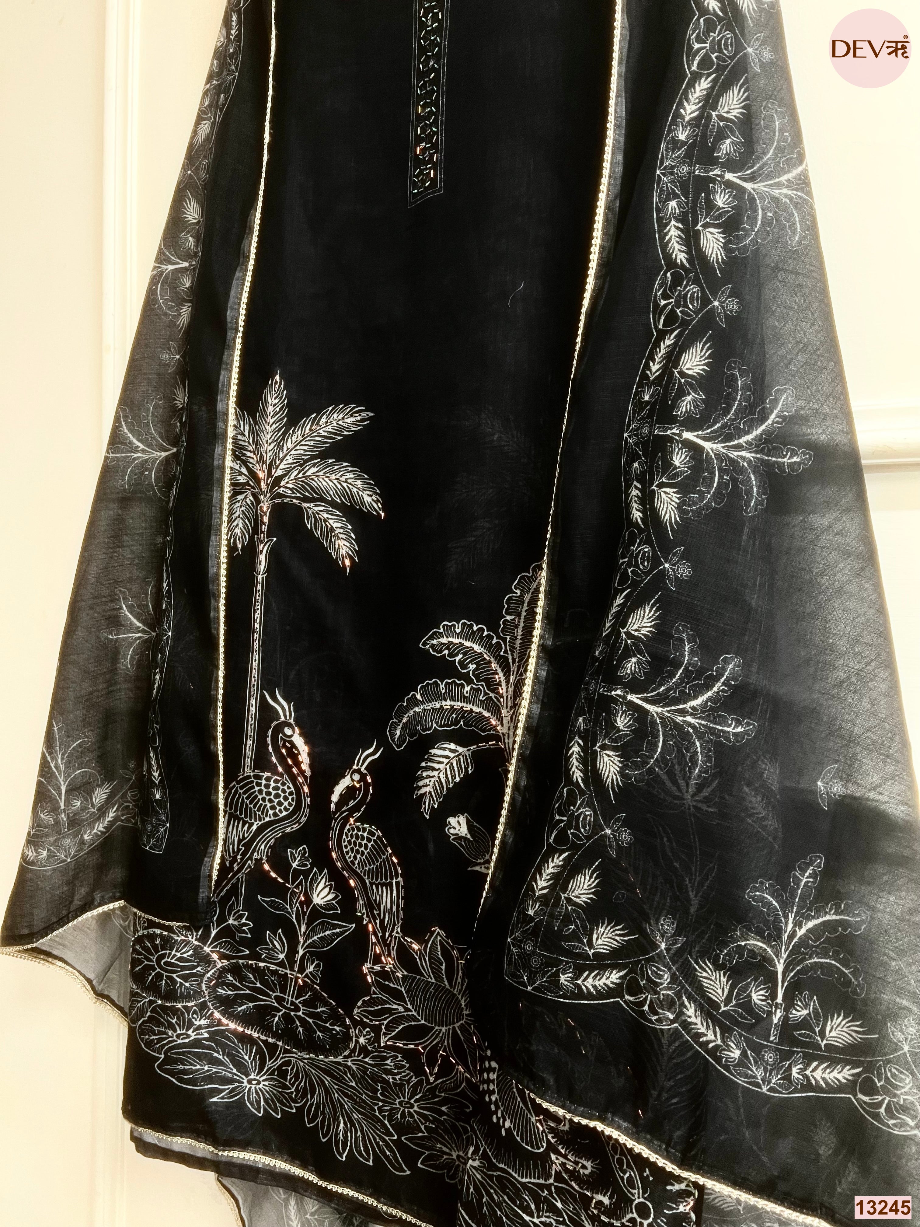 Black Linen Cotton Printed Unstitched 3-Piece Suit (Devri – D.No 13245)