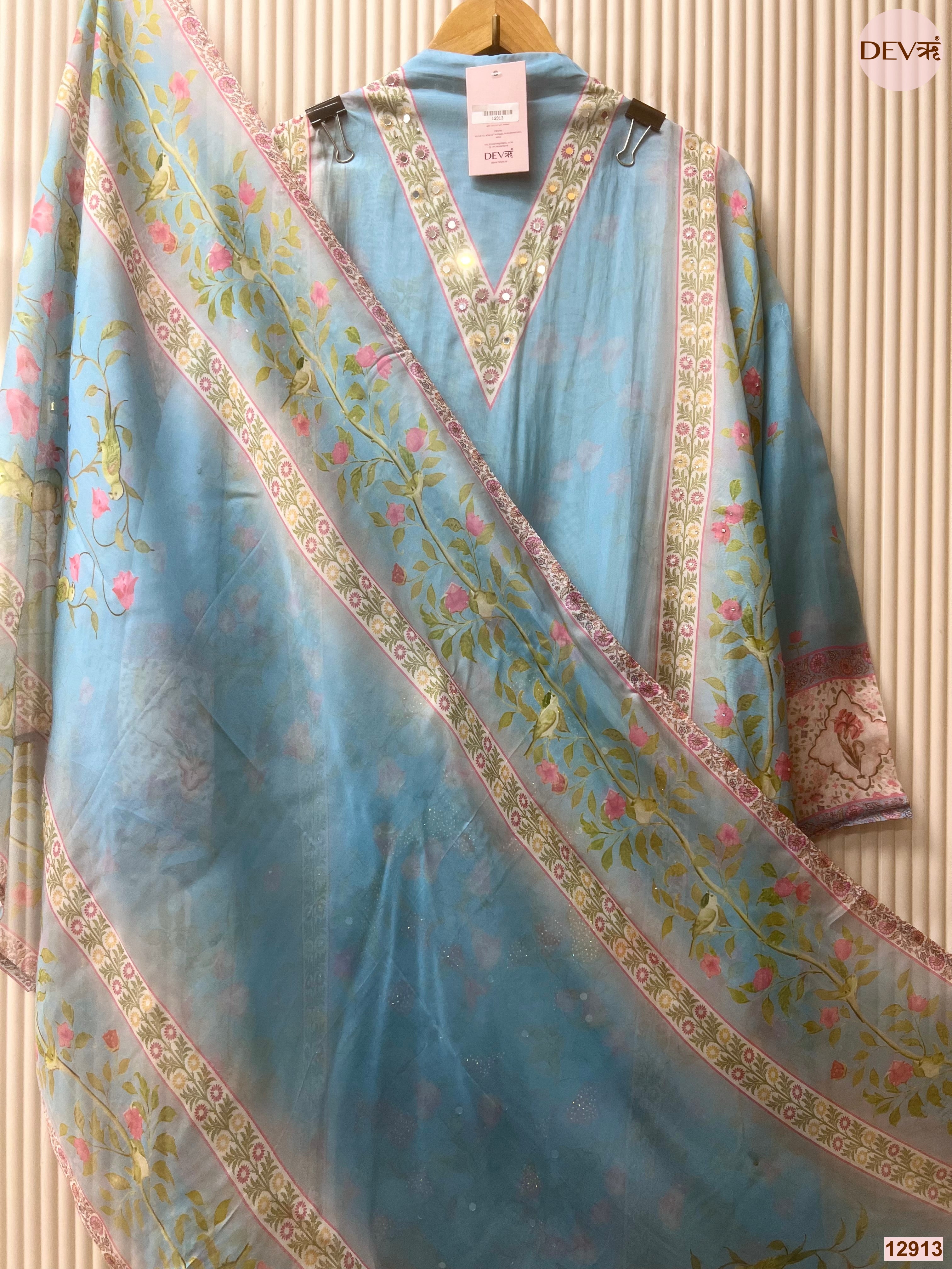Blue Organza Printed Unstitched 3-Piece Suit (Devri – D.No 12913)