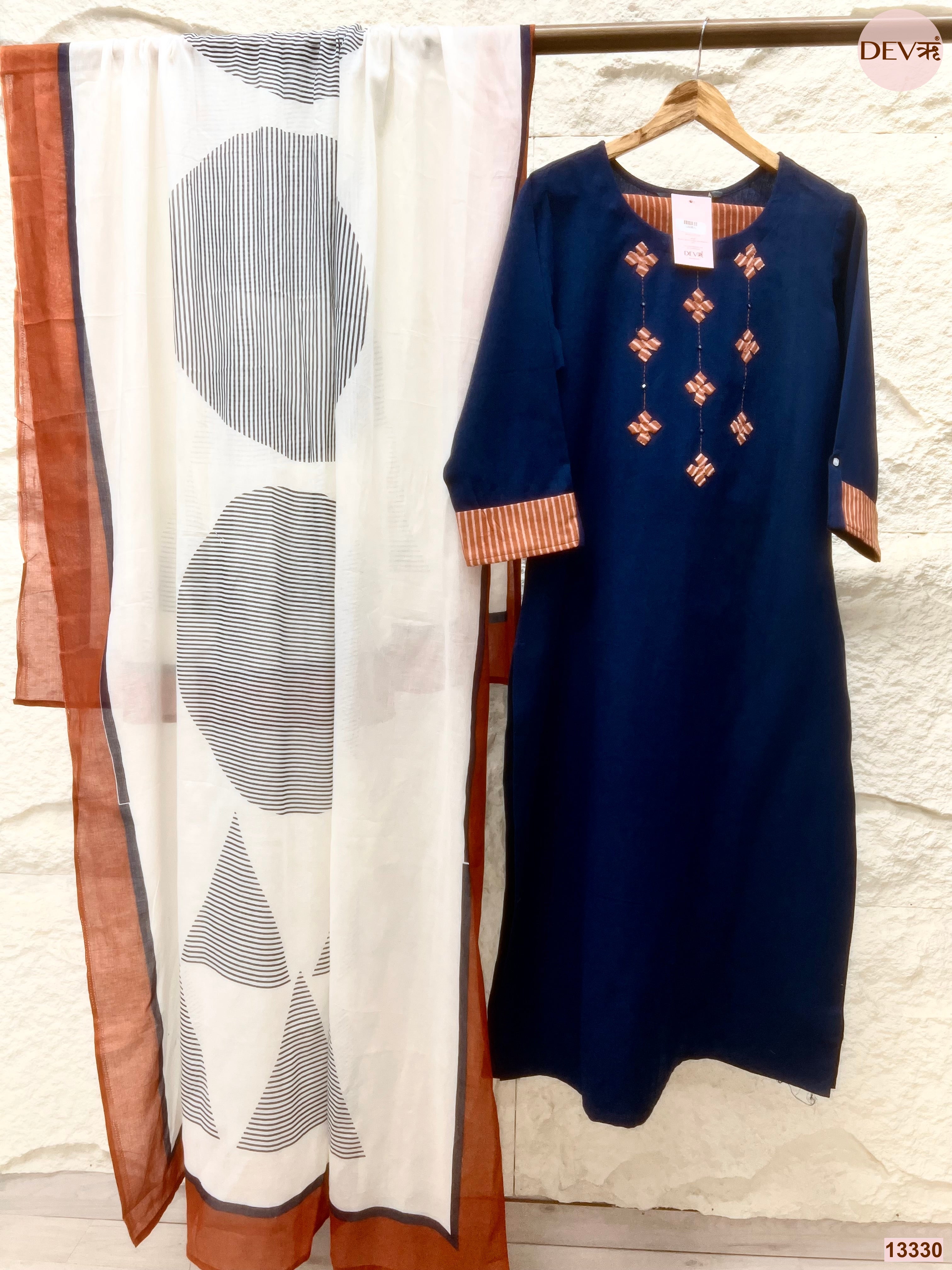 Varnika Cotton slub Printed Navy Blue 3-Piece Set (Devri – D.No 13330)