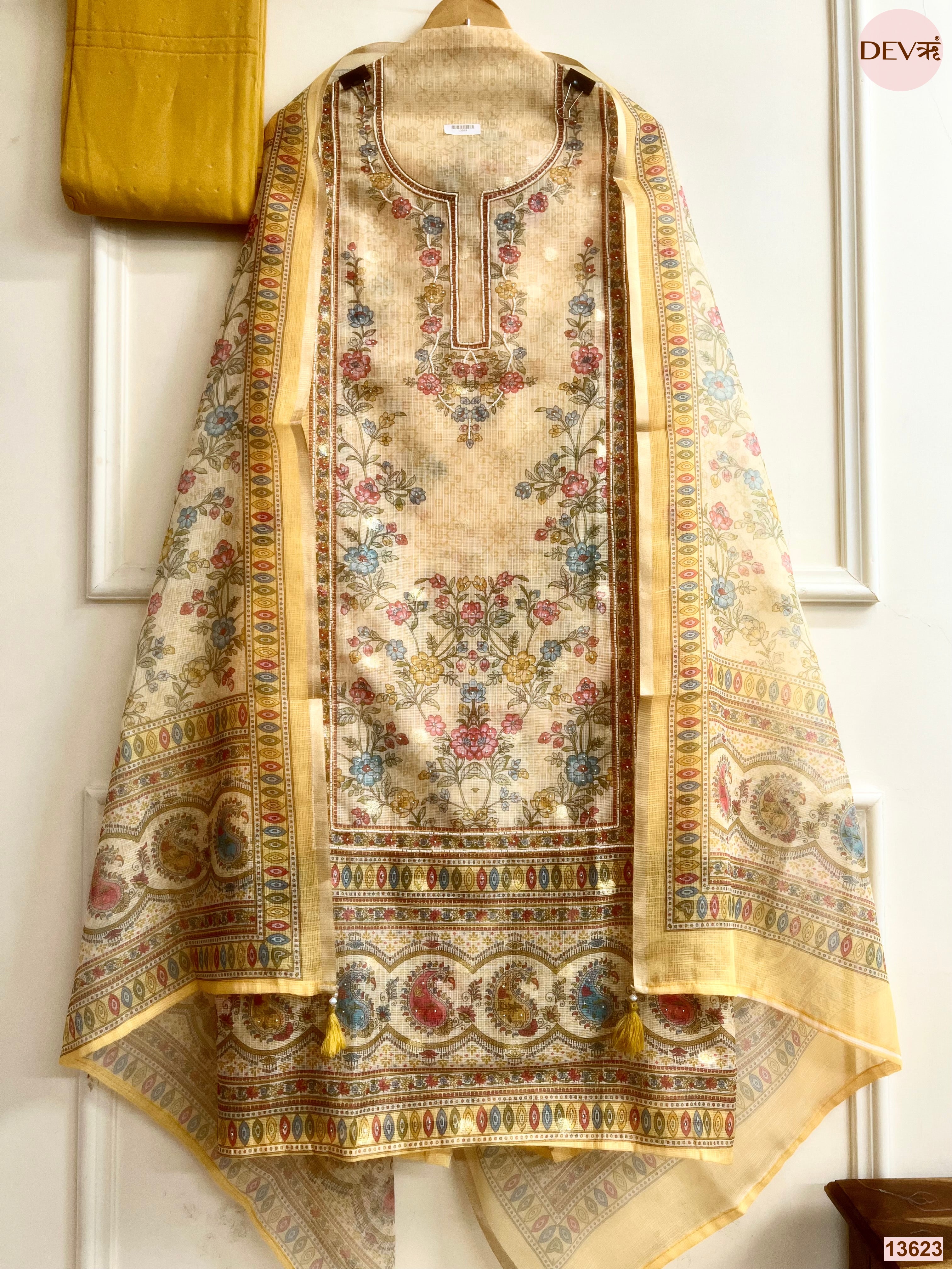 Beige Kota Zari Printed Unstitched 3-Piece Suit (Devri – D.No 13623)