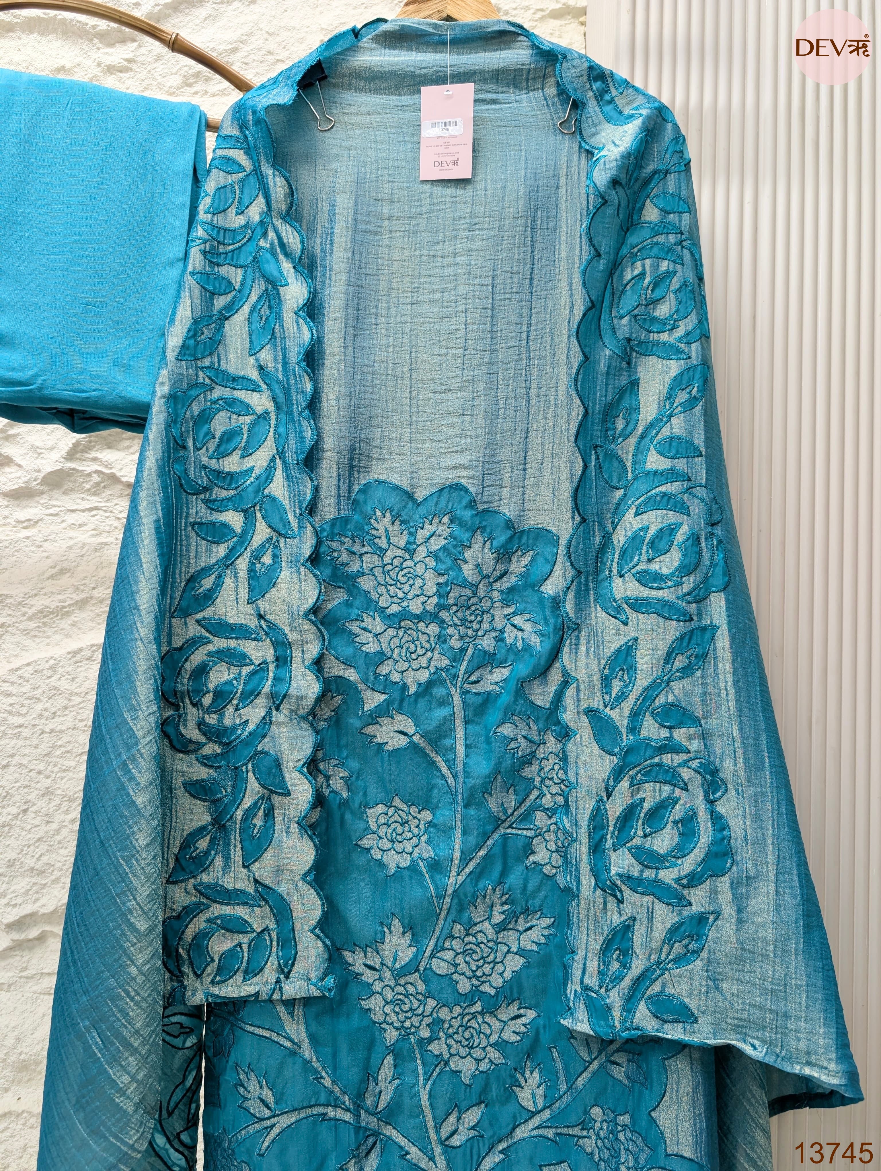 Blue Tissue Crush Silk Embroidered Unstitched 3-Piece Suit (Devri – D.No 13745)
