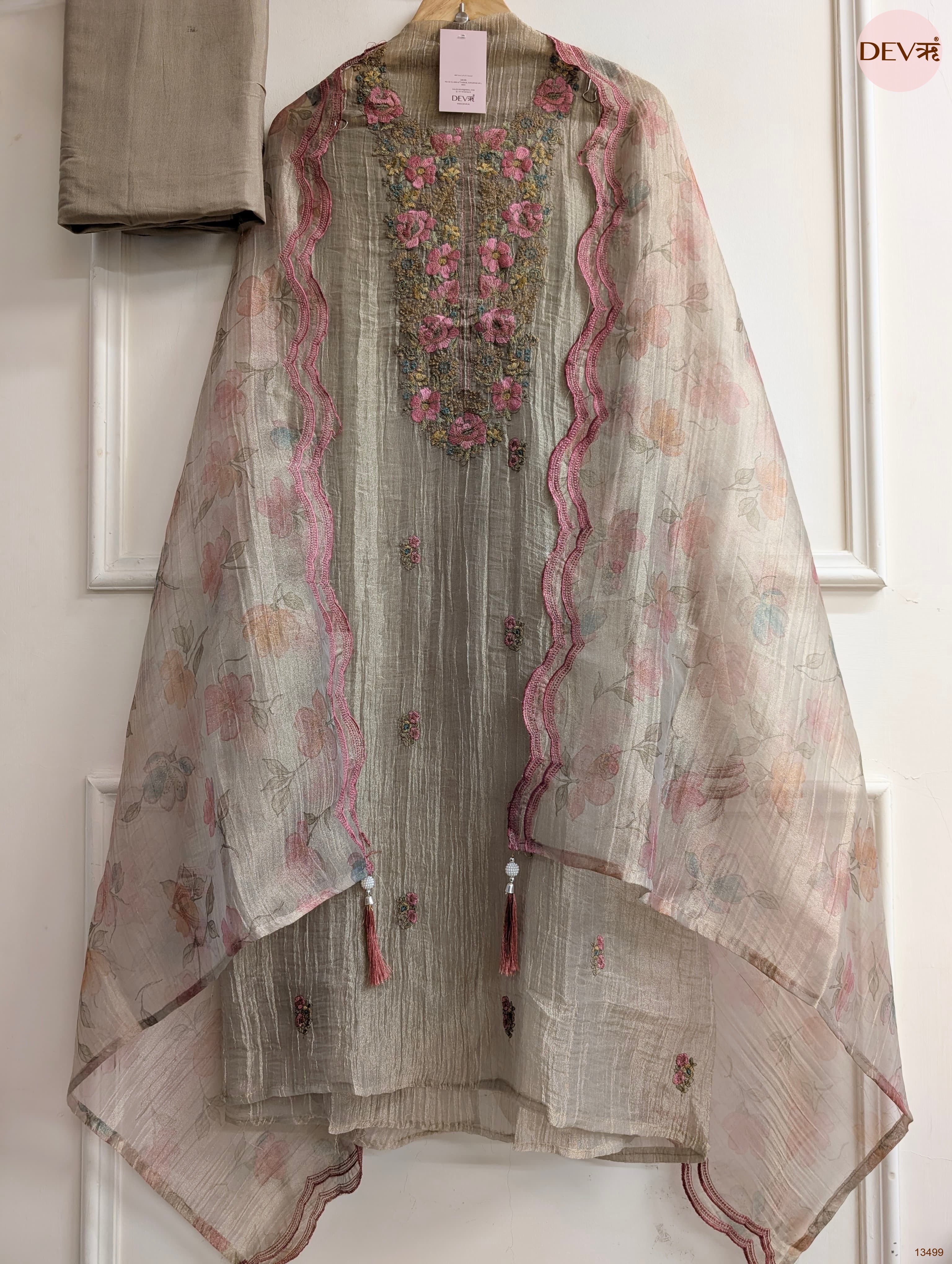 Beige Tissue Crush Silk Embroidered Unstitched 3-Piece Suit (Devri – D.No 13499)