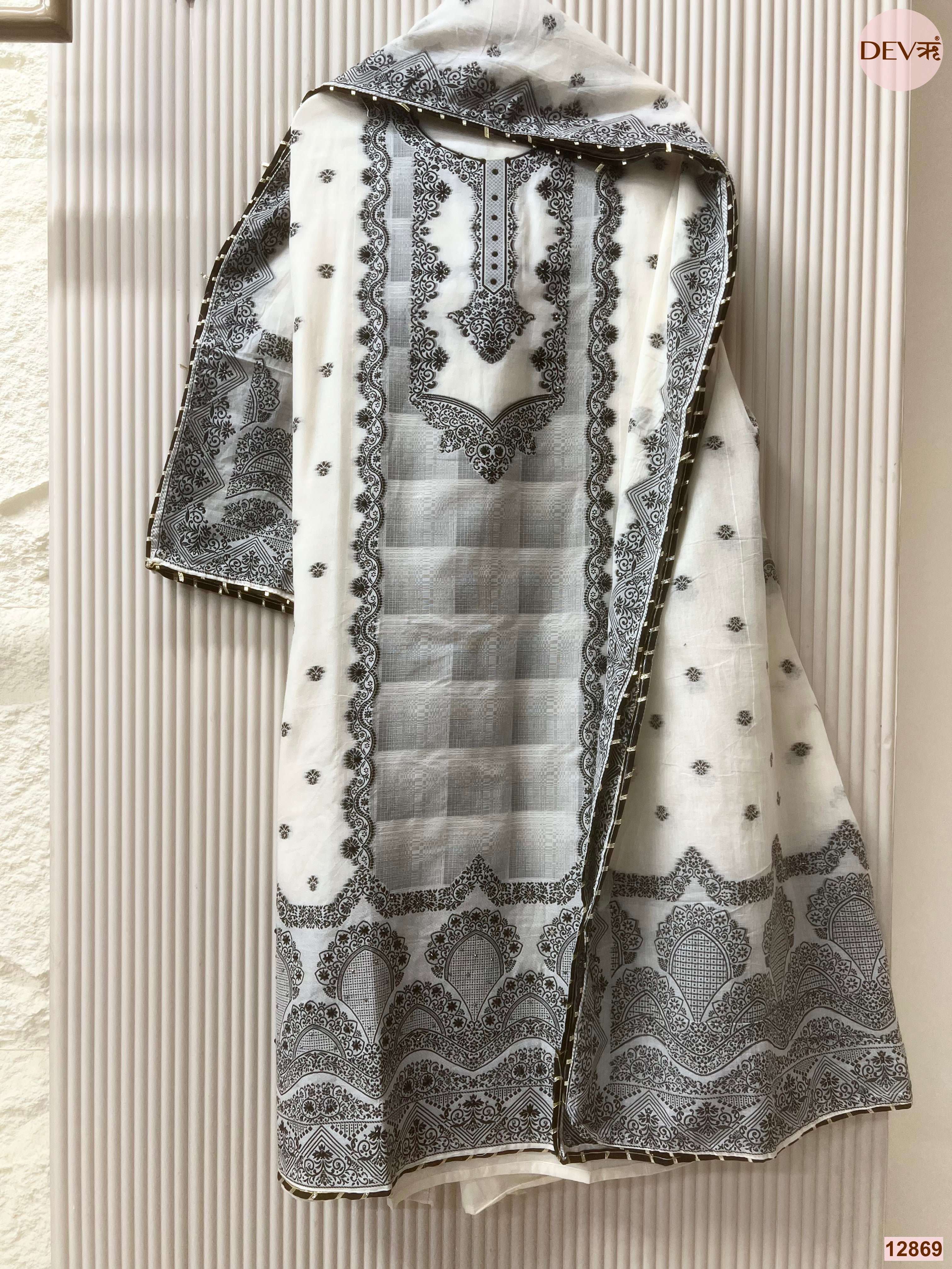 White Jamdani Cotton Printed Unstitched 3-Piece Suit (Devri – D.No 12869)