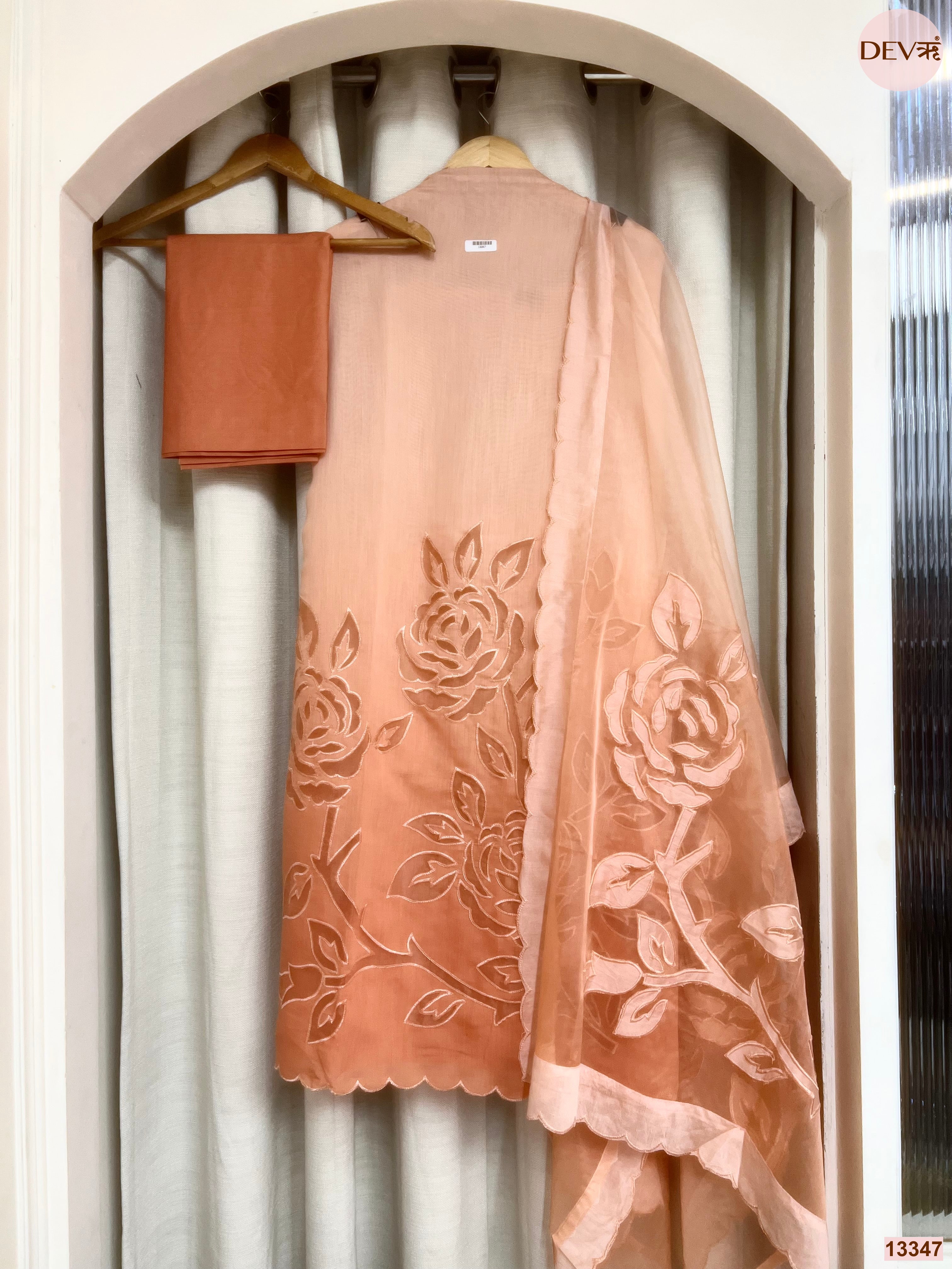 Peach Mul Chanderi Embroidered Unstitched 3-Piece Suit (Devri – D.No 13347)