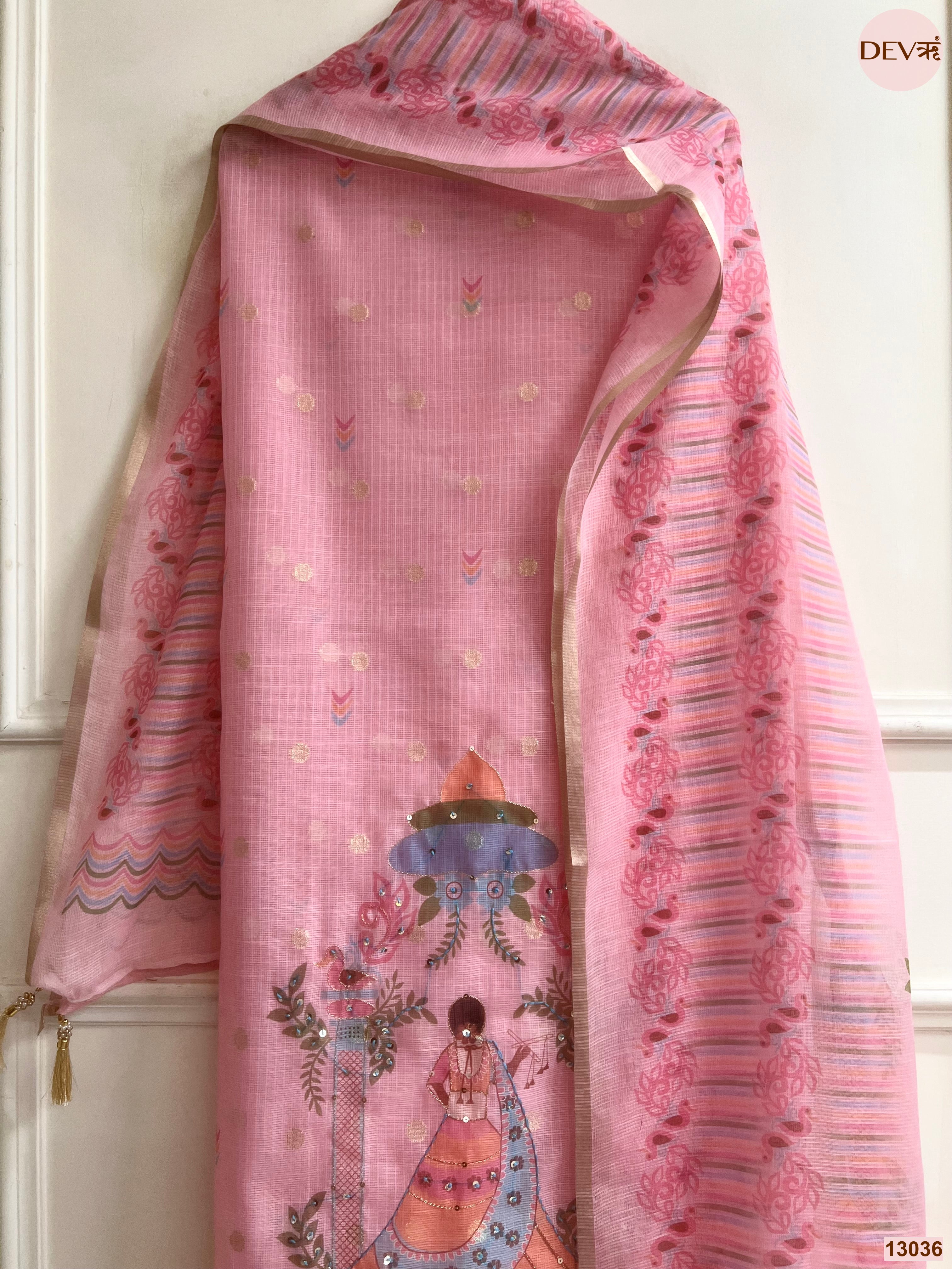 Pink Kota Zari Printed Unstitched 3-Piece Suit (Devri – D.No 13036)