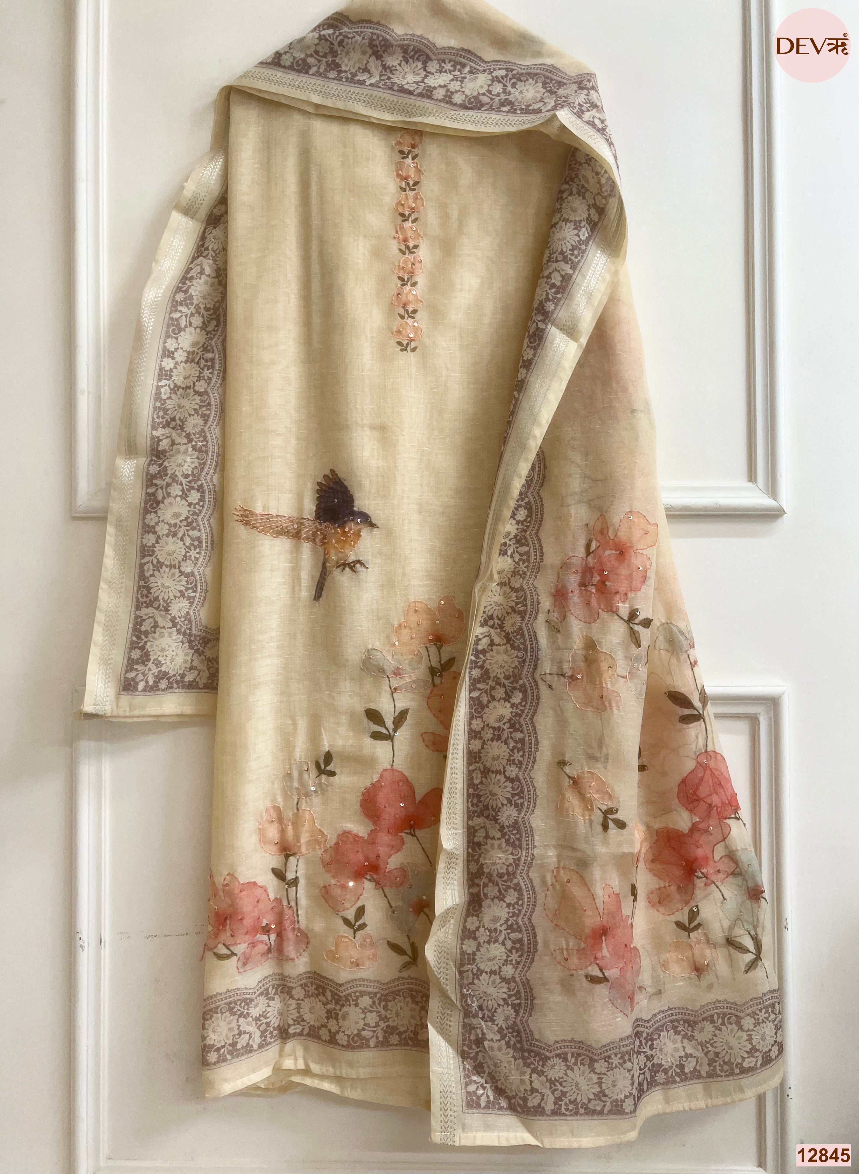Cream Mul Chanderi Printed Unstitched 3-Piece Suit (Devri – D.No 12845)