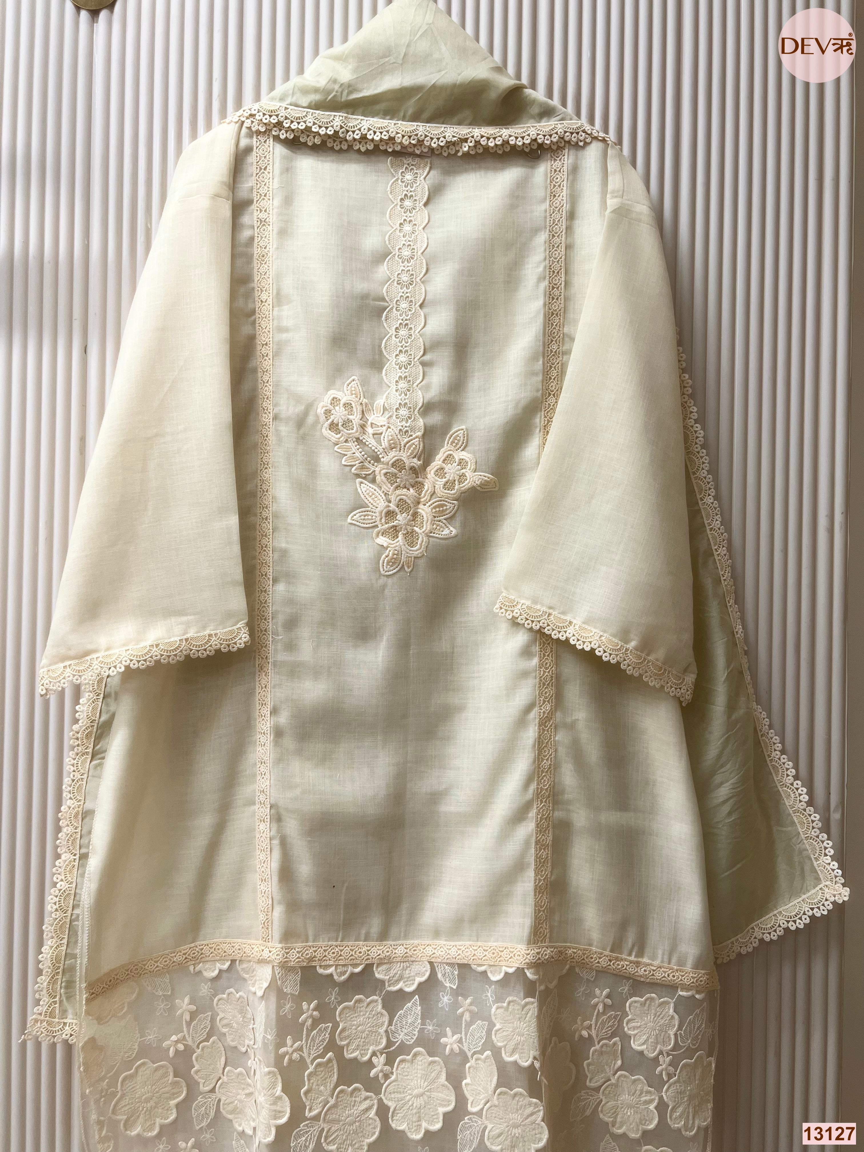 Pista Linen Cotton Embroidered Unstitched 3-Piece Suit (Devri – D.No 13127)