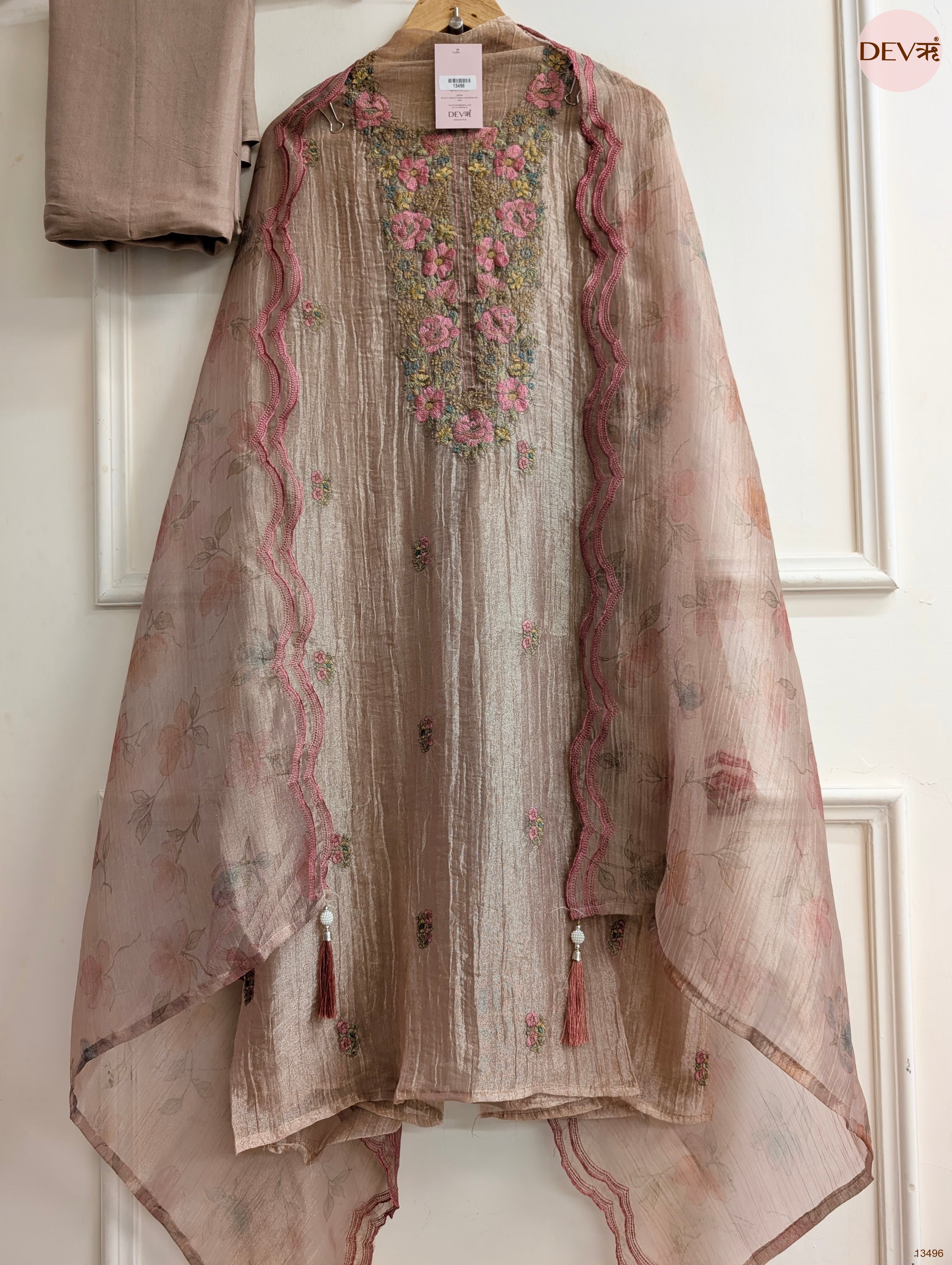 Beige Tissue Crush Silk Embroidered Unstitched 3-Piece Suit (Devri – D.No 13496)