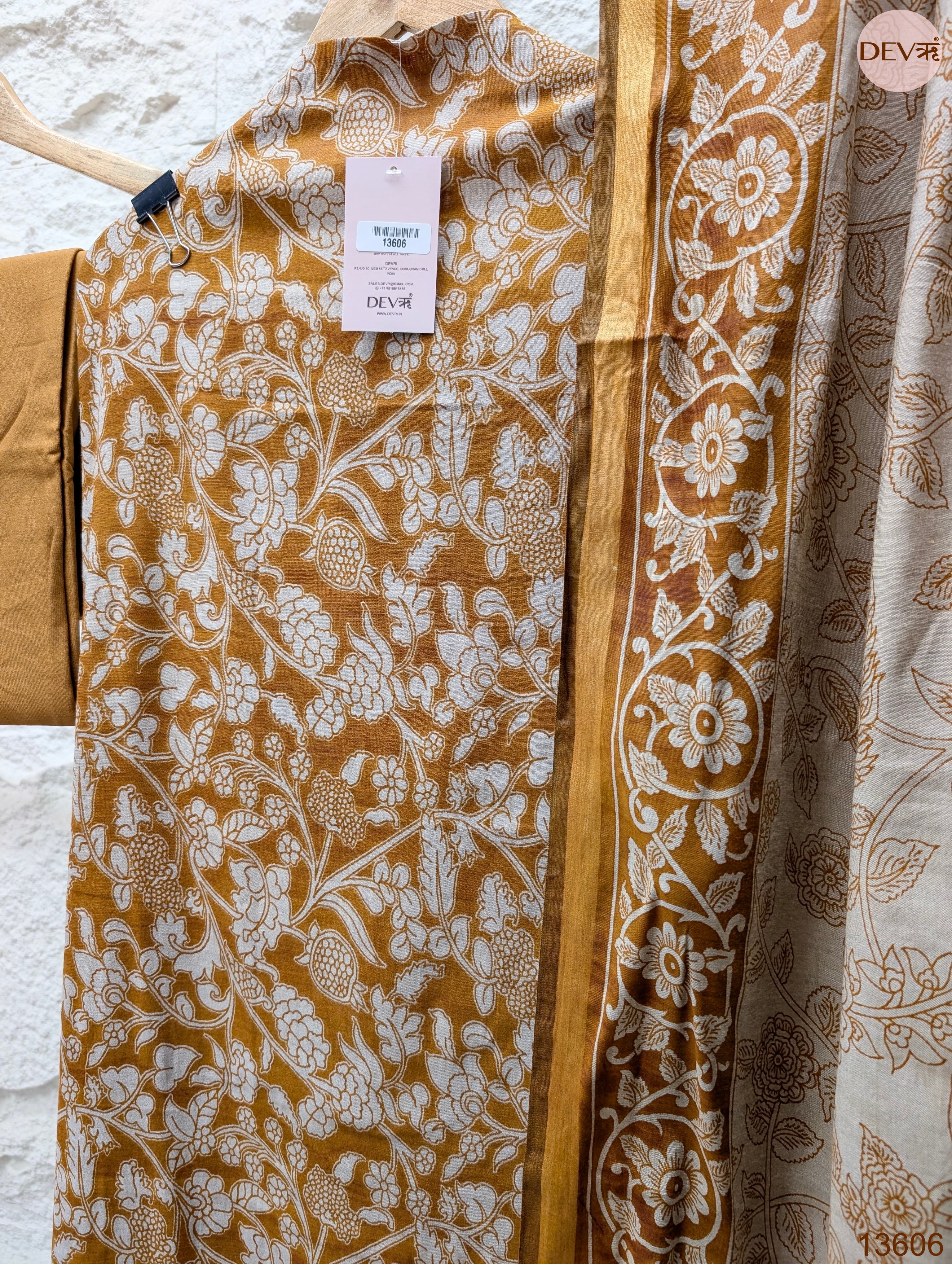 Mustard Maheshwari Silk Printed Unstitched 3-Piece Suit (Devri – D.No 13606)