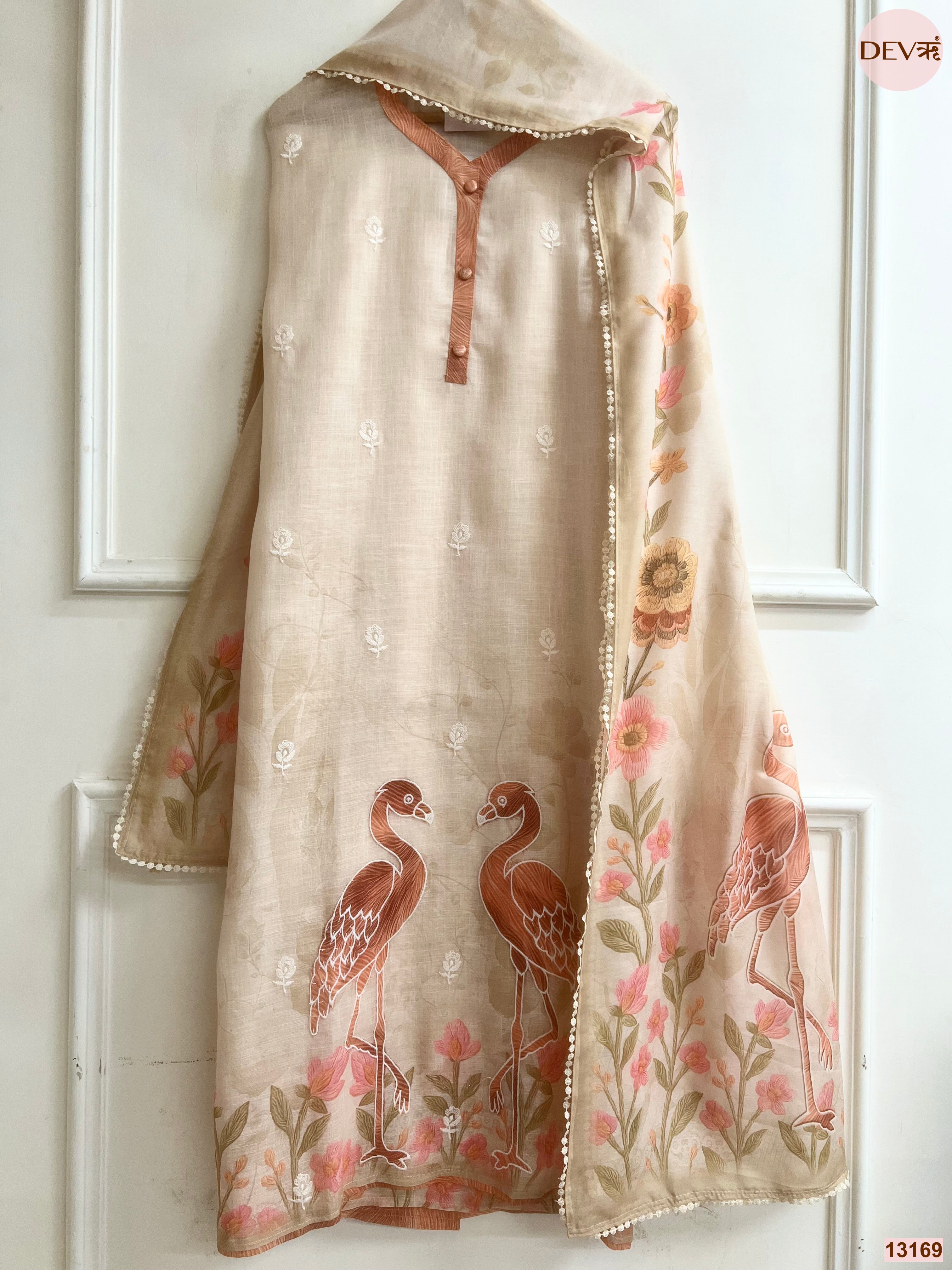 Beige Linen Cotton Printed Unstitched 3-Piece Suit (Devri – D.No 13169)
