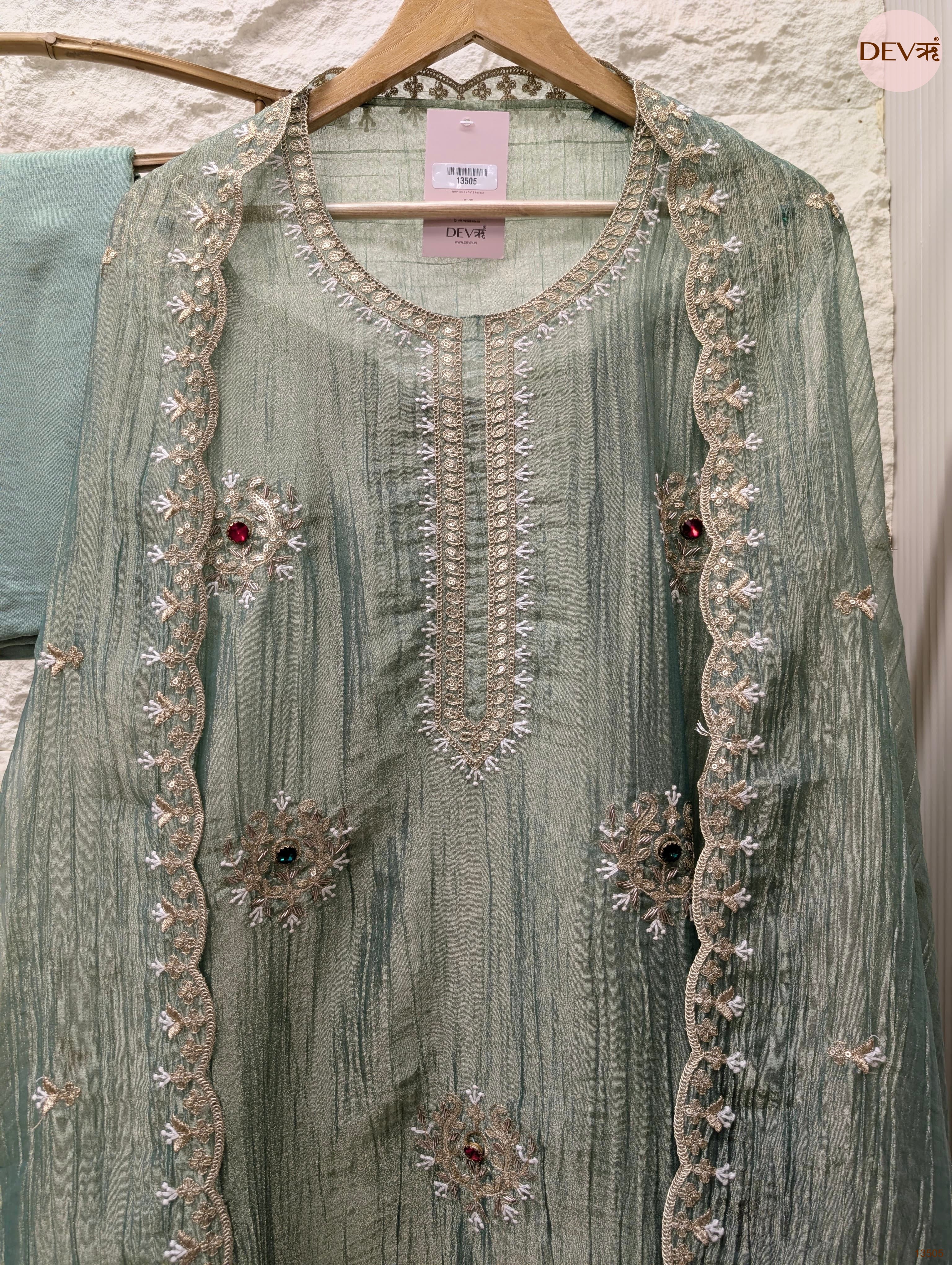 Green Tissue Crush Silk Embroidered Unstitched 3-Piece Suit (Devri – D.No 13505)