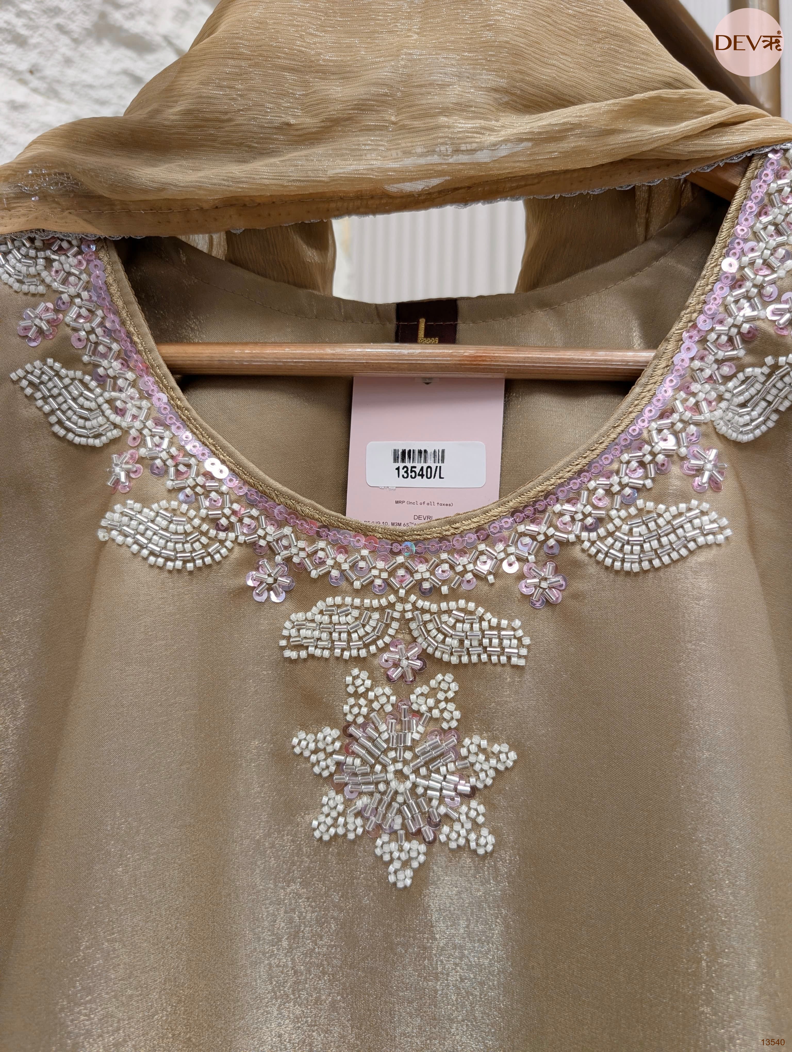 Zareen Roman Glass Silk Embroidered Gold 3-Piece Set (Devri – D.No 13540)