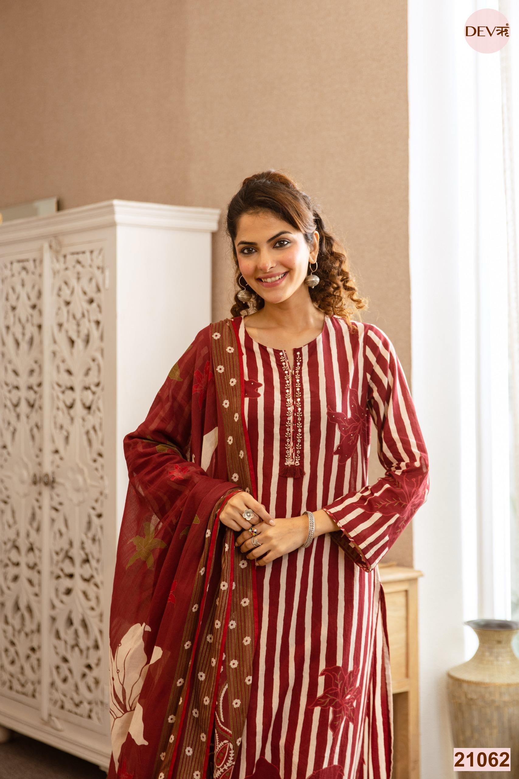 Gulnaar Cotton Printed Maroon 3-Piece Set (Devri – D.No 21062)