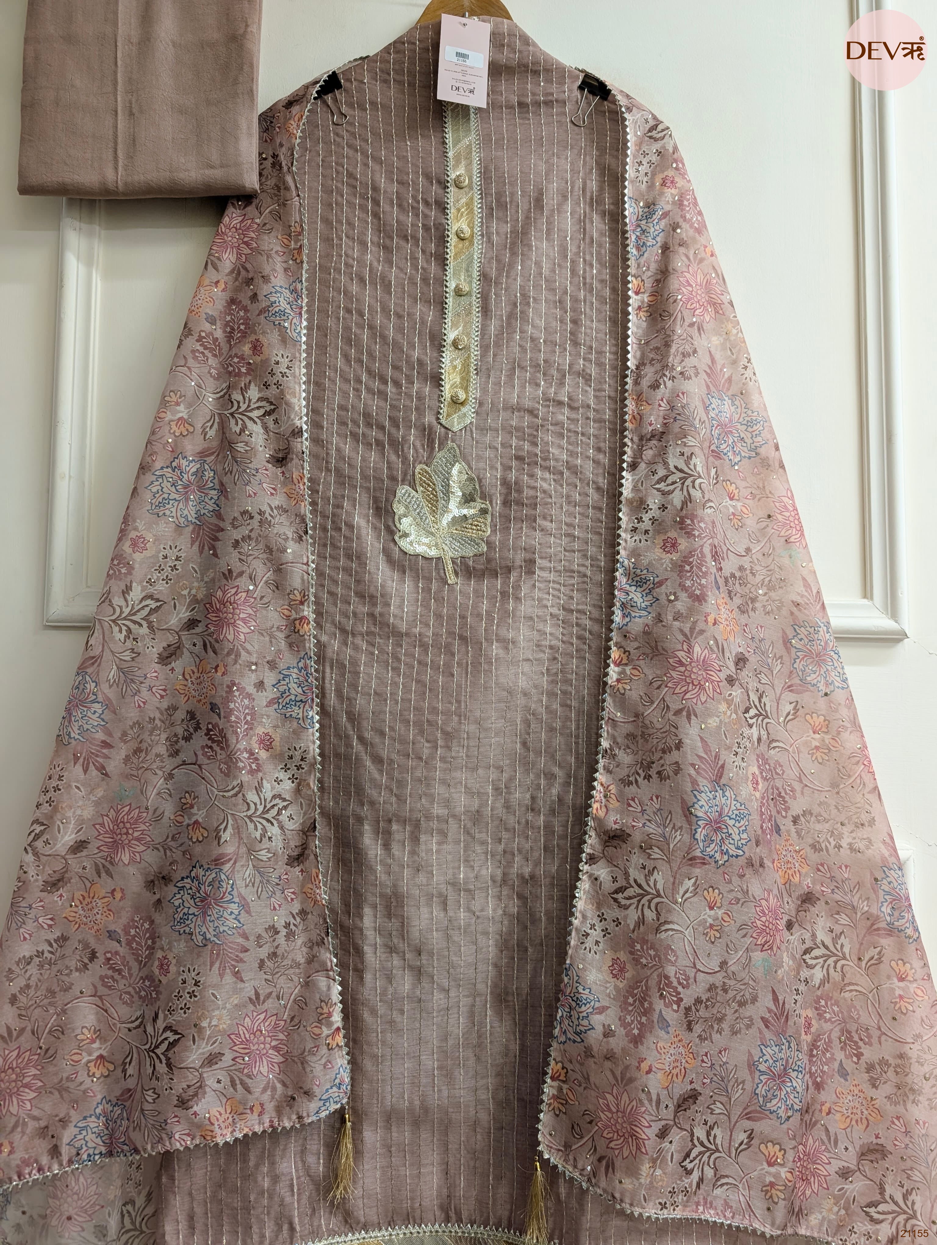 Taupe Pure Chanderi Printed Unstitched 3-Piece Suit (Devri – D.No 21155)
