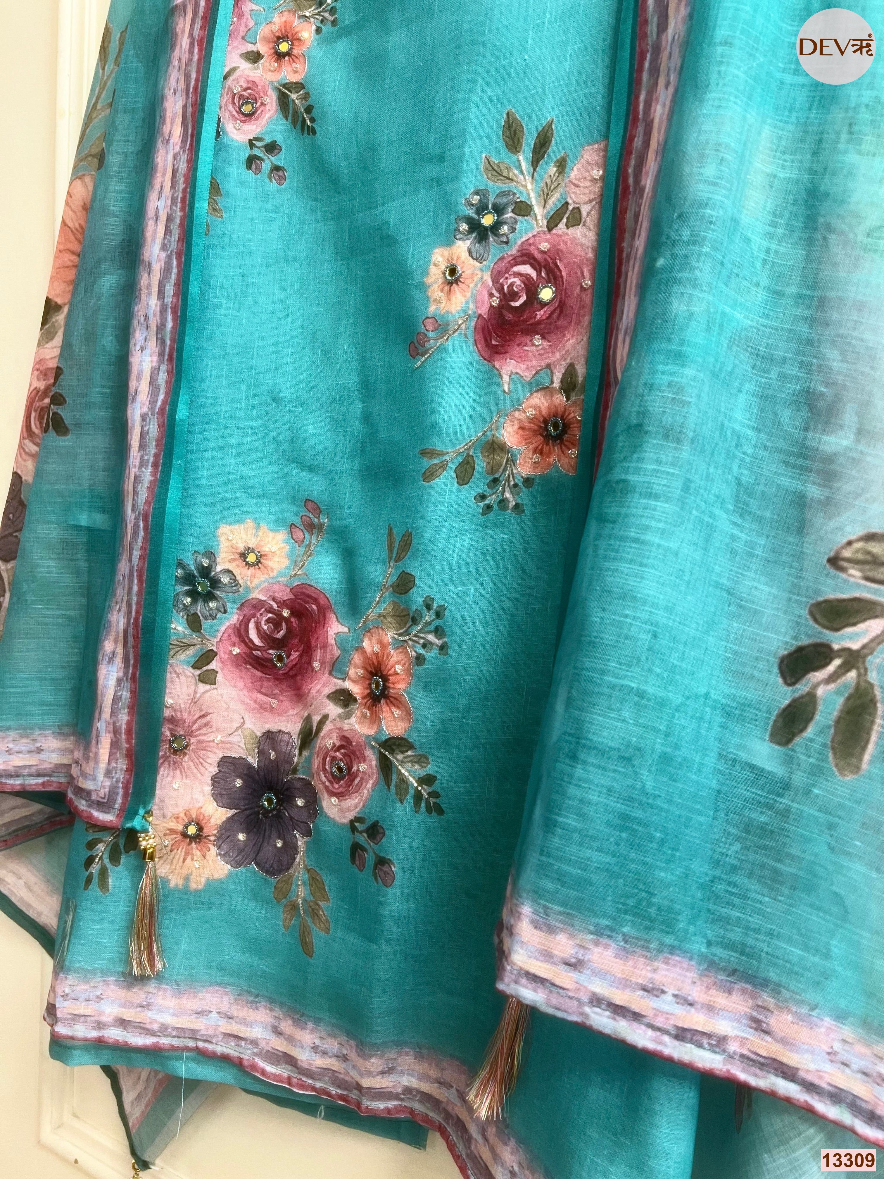 Teal Linen Cotton Printed Unstitched 3-Piece Suit (Devri – D.No 13309)