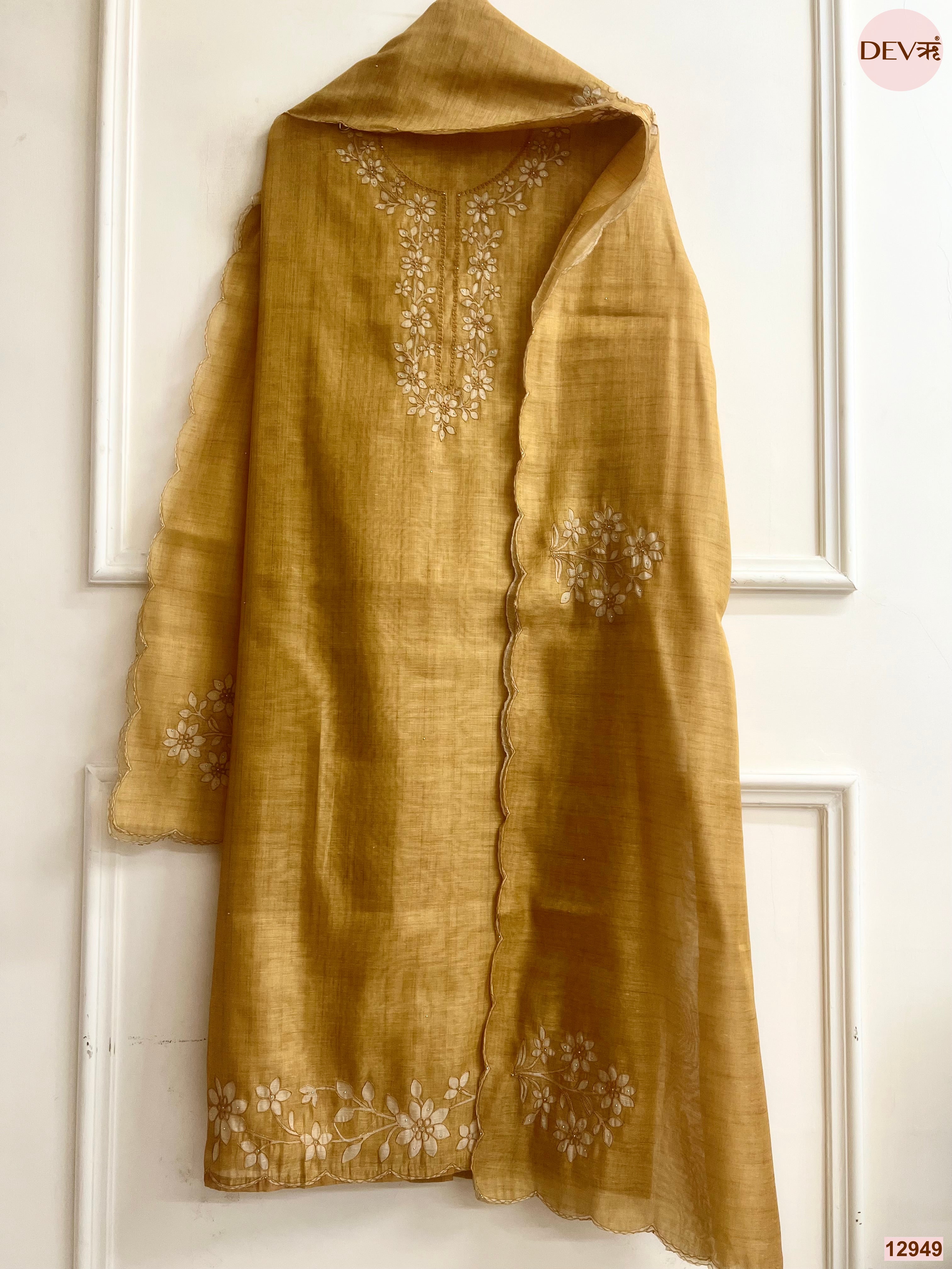 Mustard Linen Embroidered Unstitched 3-Piece Suit (Devri – D.No 12949)