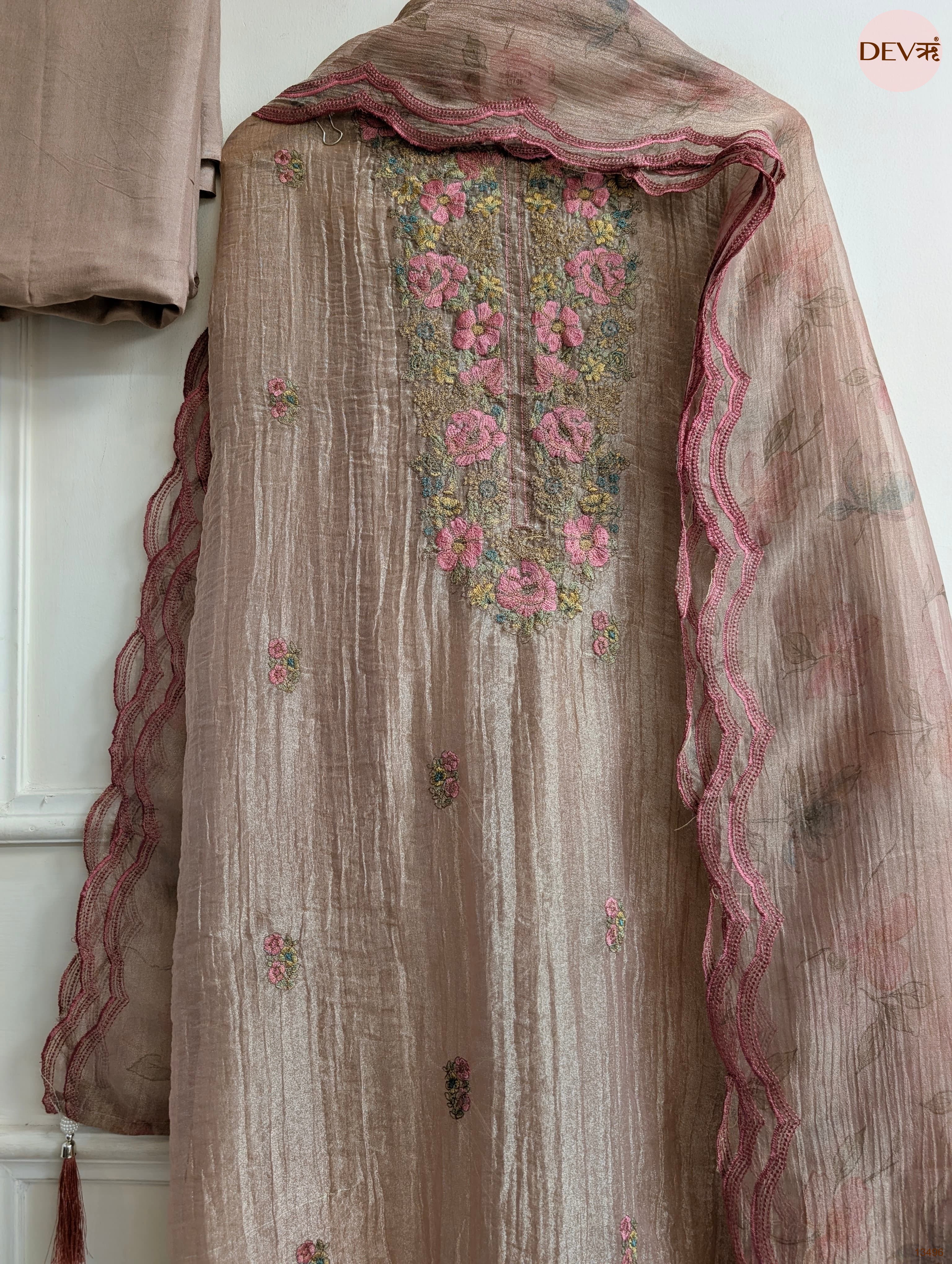 Beige Tissue Crush Silk Embroidered Unstitched 3-Piece Suit (Devri – D.No 13496)