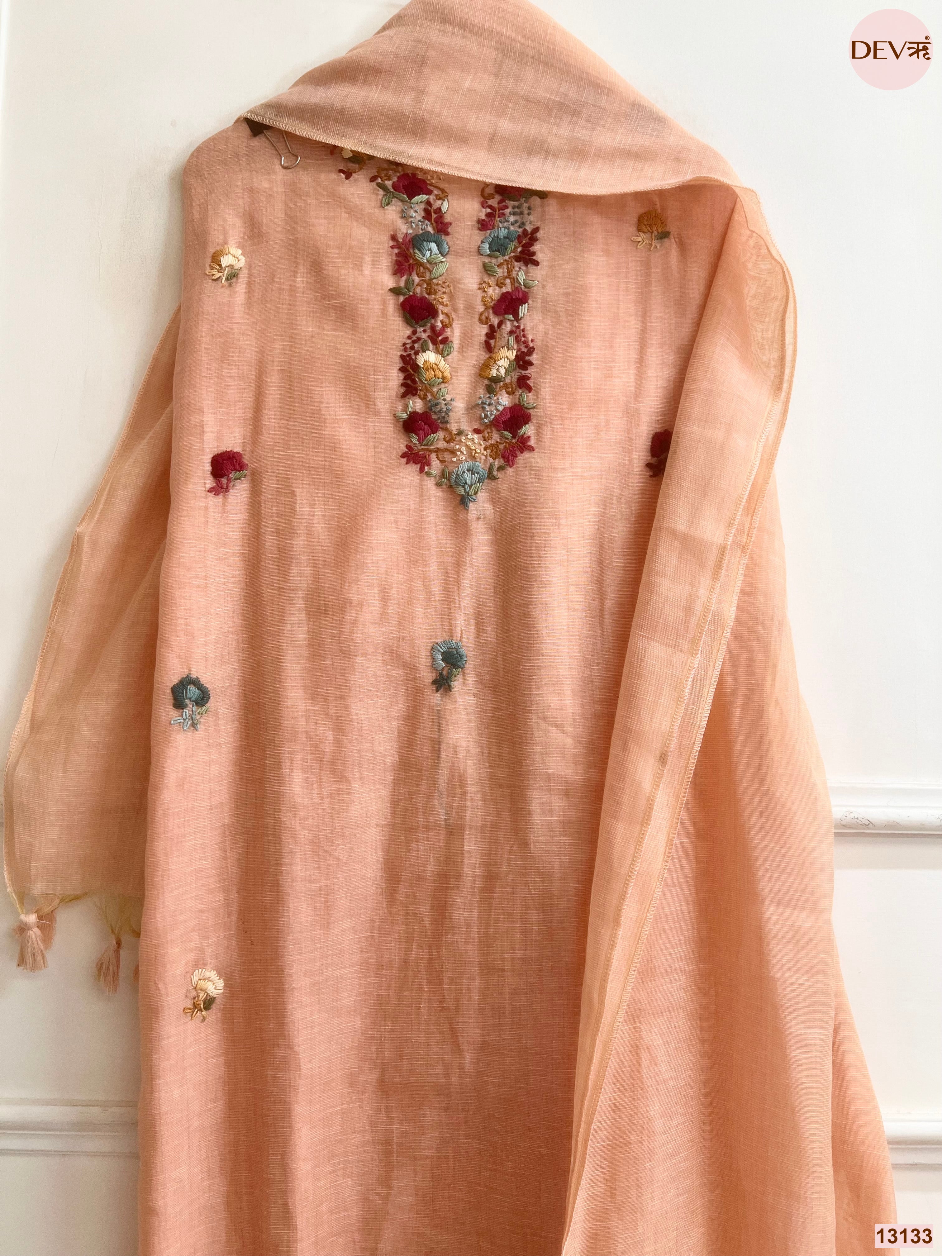 Peach Jamdani Cotton Embroidered Unstitched 3-Piece Suit (Devri – D.No 13133)