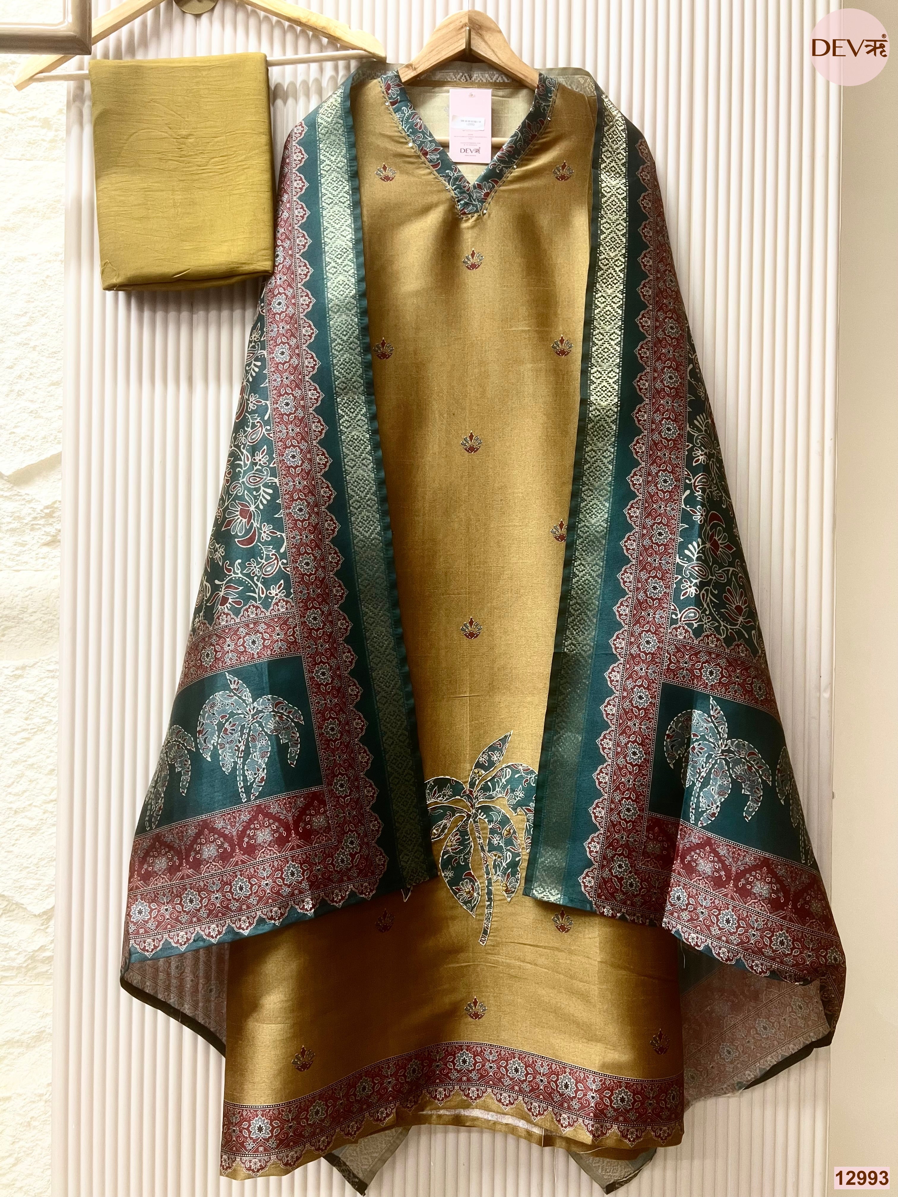 Mustard Raw Silk Printed Unstitched 3-Piece Suit (Devri – D.No 12993)
