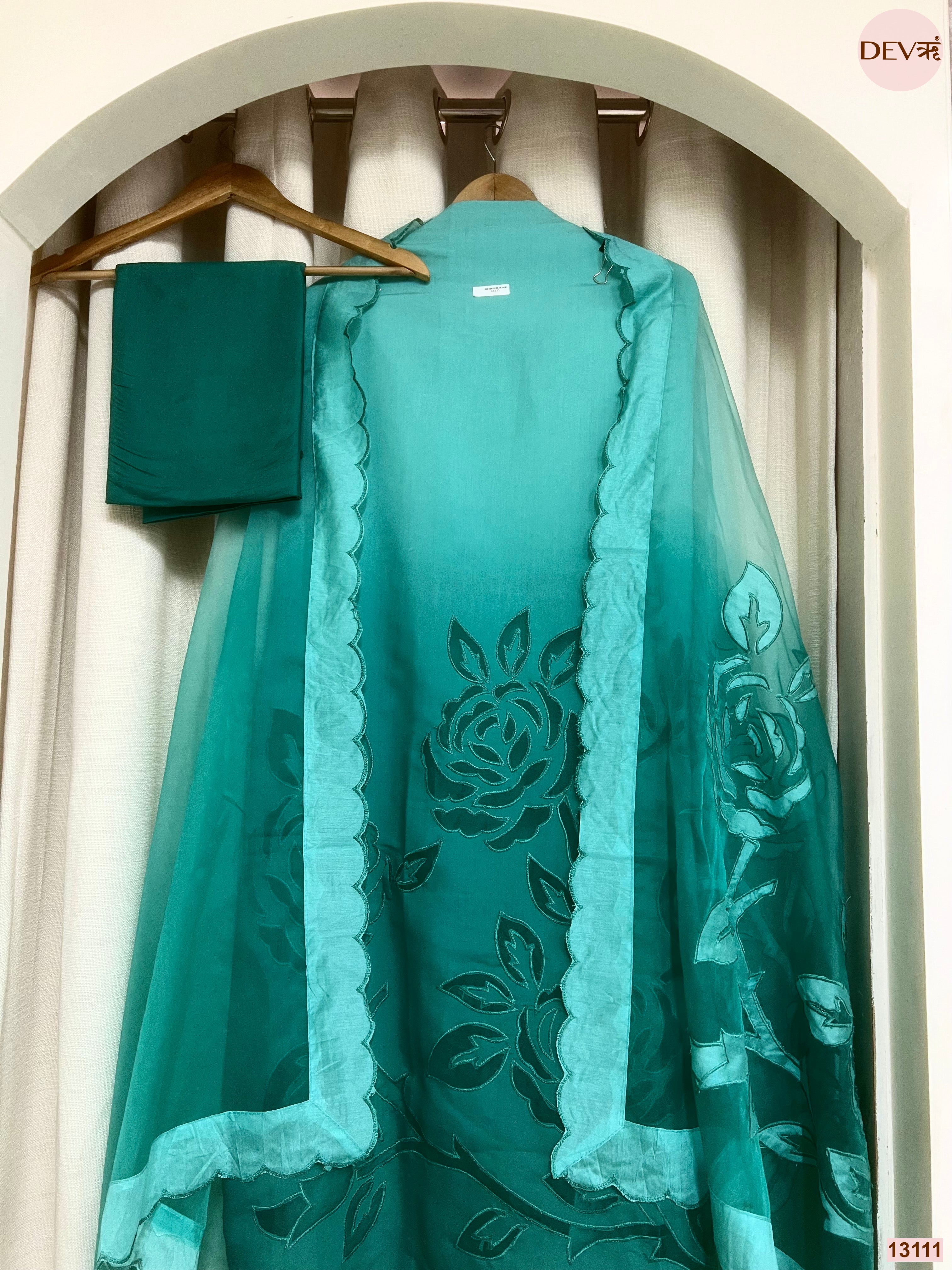 Turquoise Mul Chanderi Embroidered Unstitched 3-Piece Suit (Devri – D.No 13111)