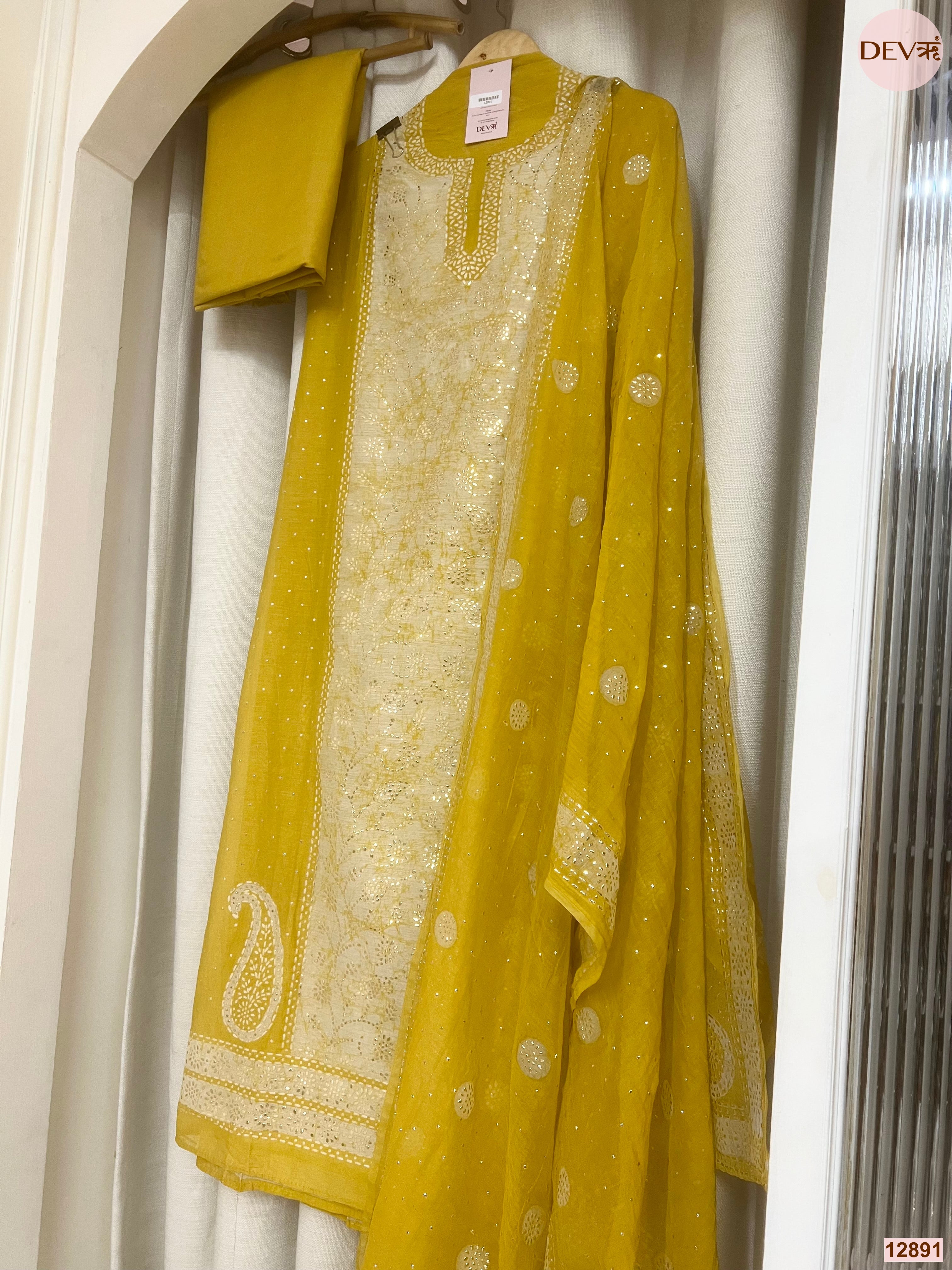 Yellow Mul Chanderi Printed Unstitched 3-Piece Suit (Devri – D.No 12891)