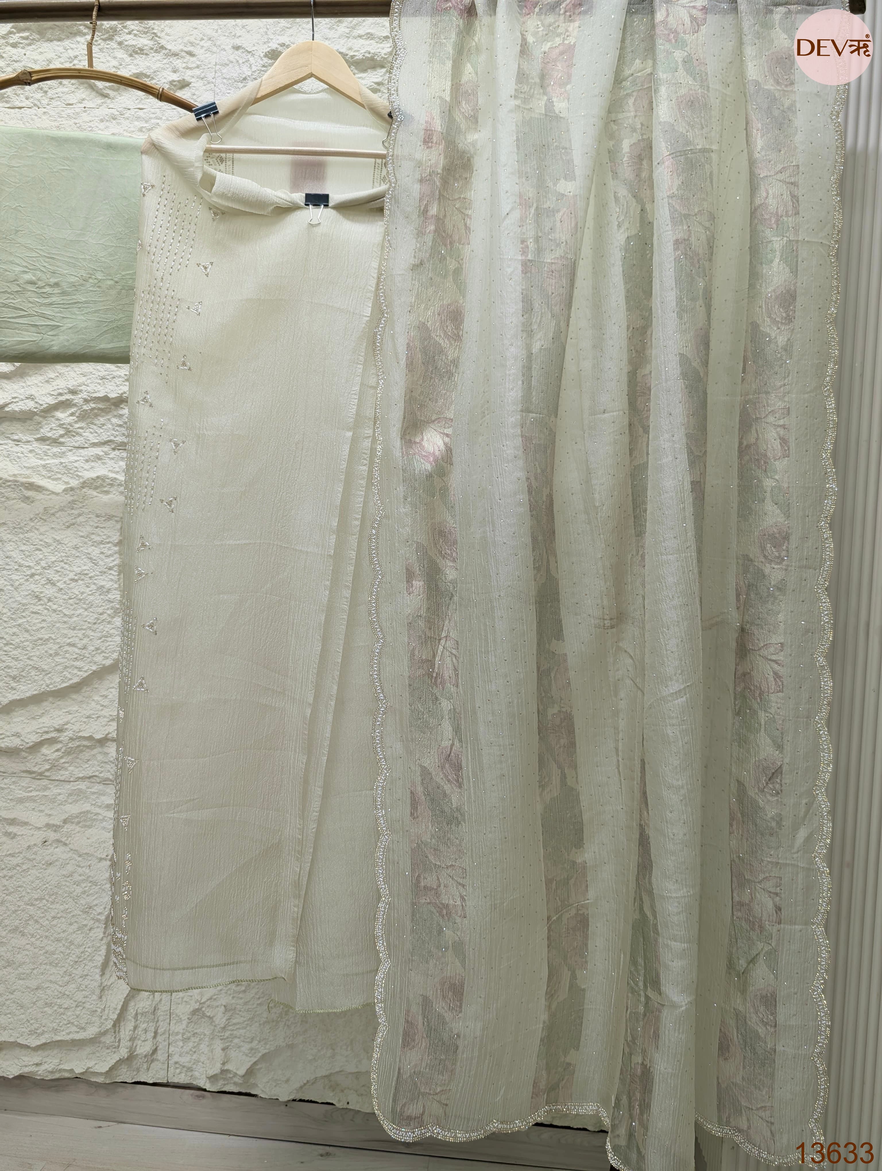 Sage Pure Crush Silk Embroidered Unstitched 3-Piece Suit (Devri – D.No 13633)
