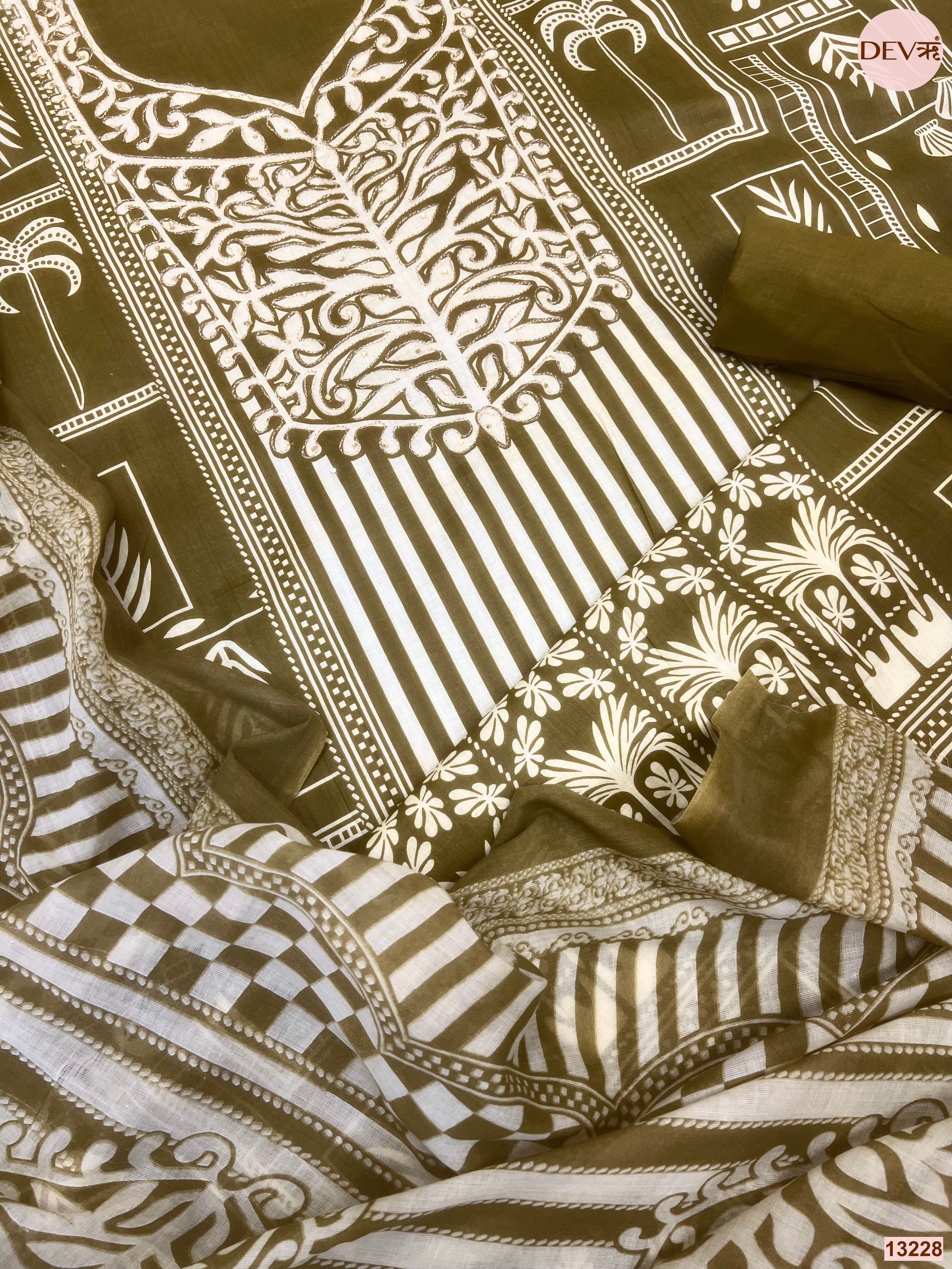 Olive Cotton Printed Unstitched 3-Piece Suit (Devri – D.No 13228)