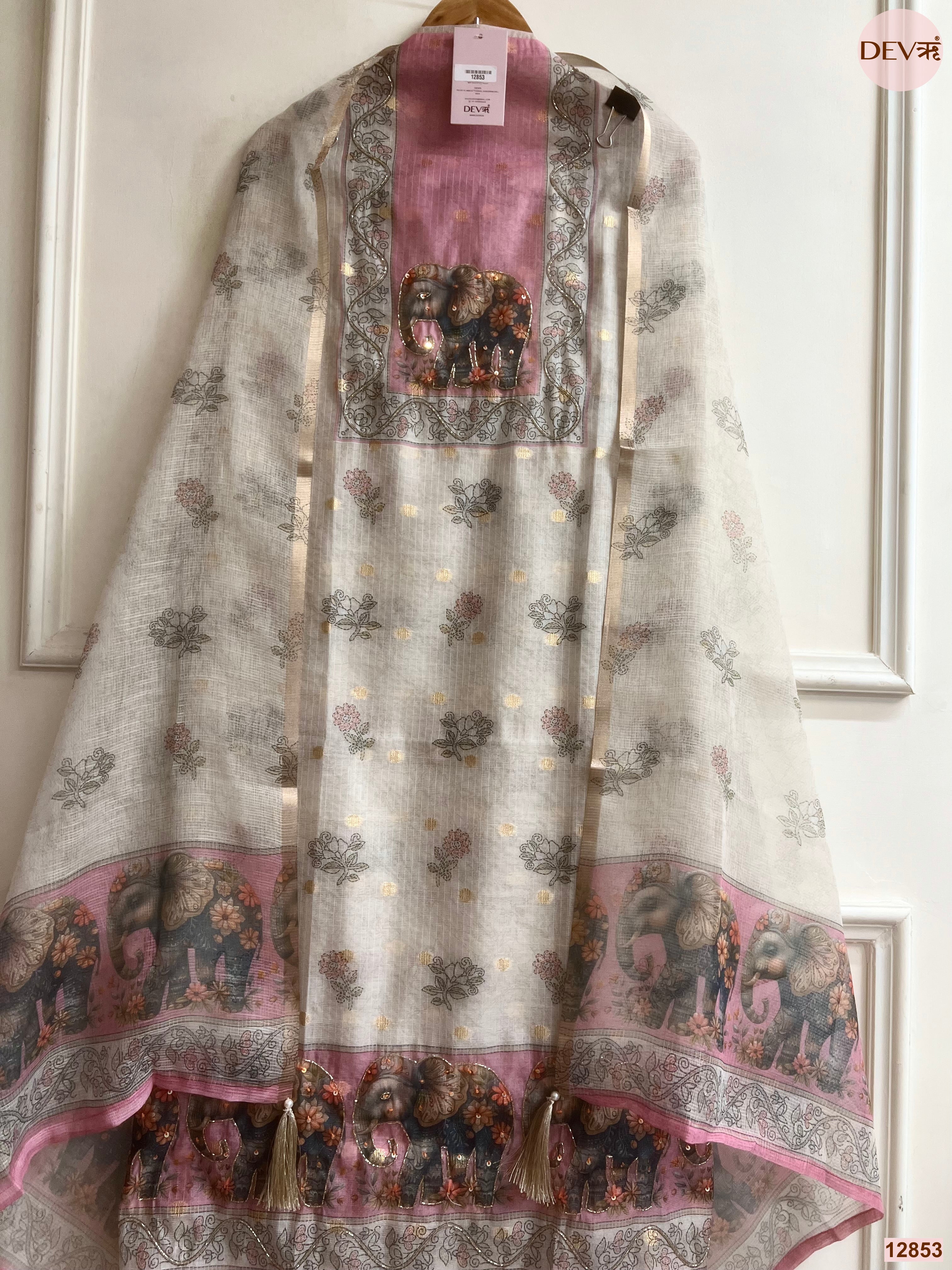 Pink Linen Cotton Printed Unstitched 3-Piece Suit (Devri – D.No 12853)