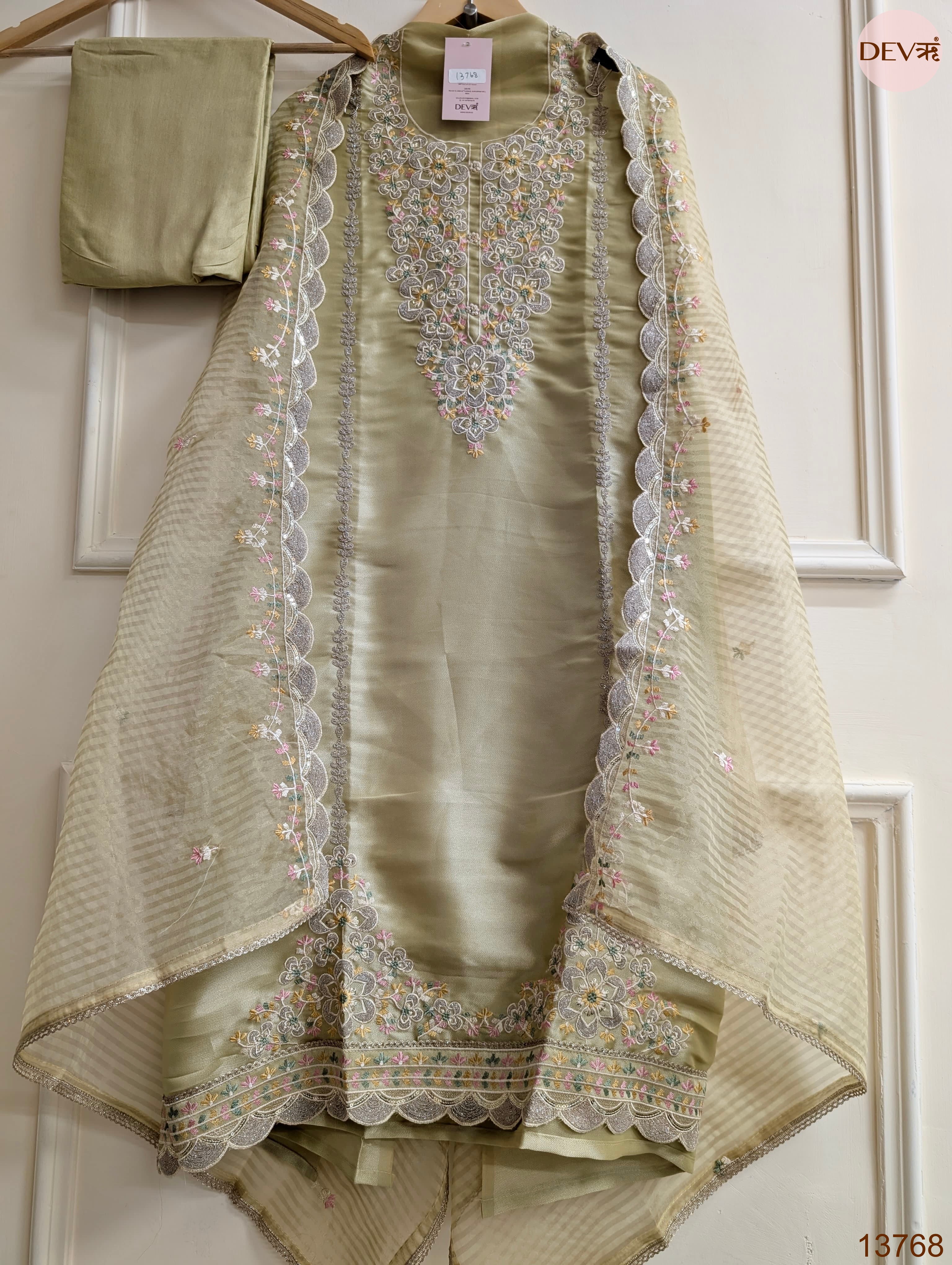 Olive Tissue Silk Embroidered Unstitched 3-Piece Suit (Devri – D.No 13768)