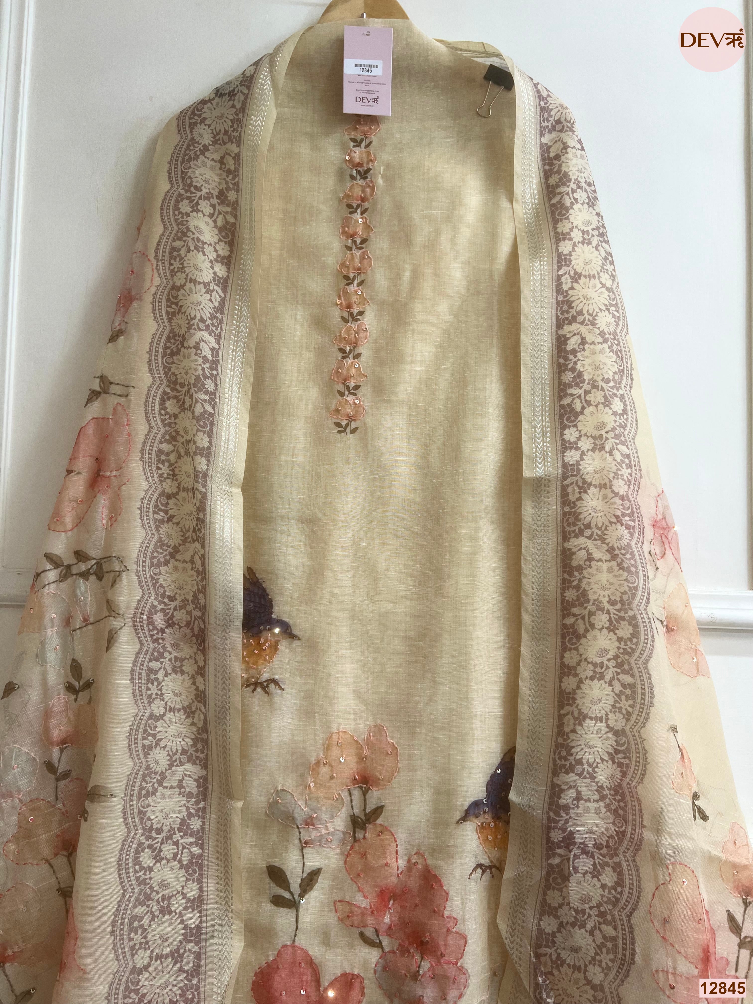 Cream Mul Chanderi Printed Unstitched 3-Piece Suit (Devri – D.No 12845)