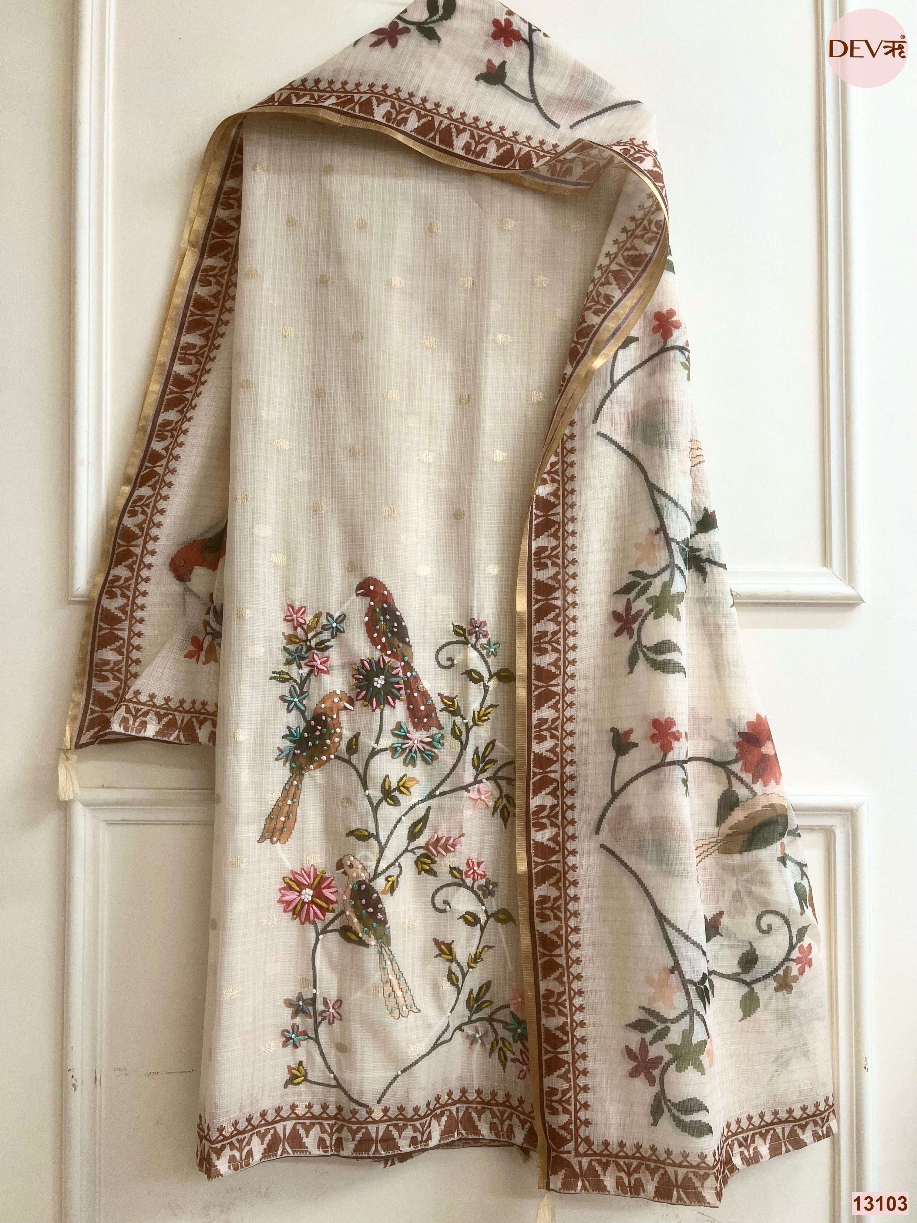 Cream Kota Printed Unstitched 3-Piece Suit (Devri – D.No 13103)