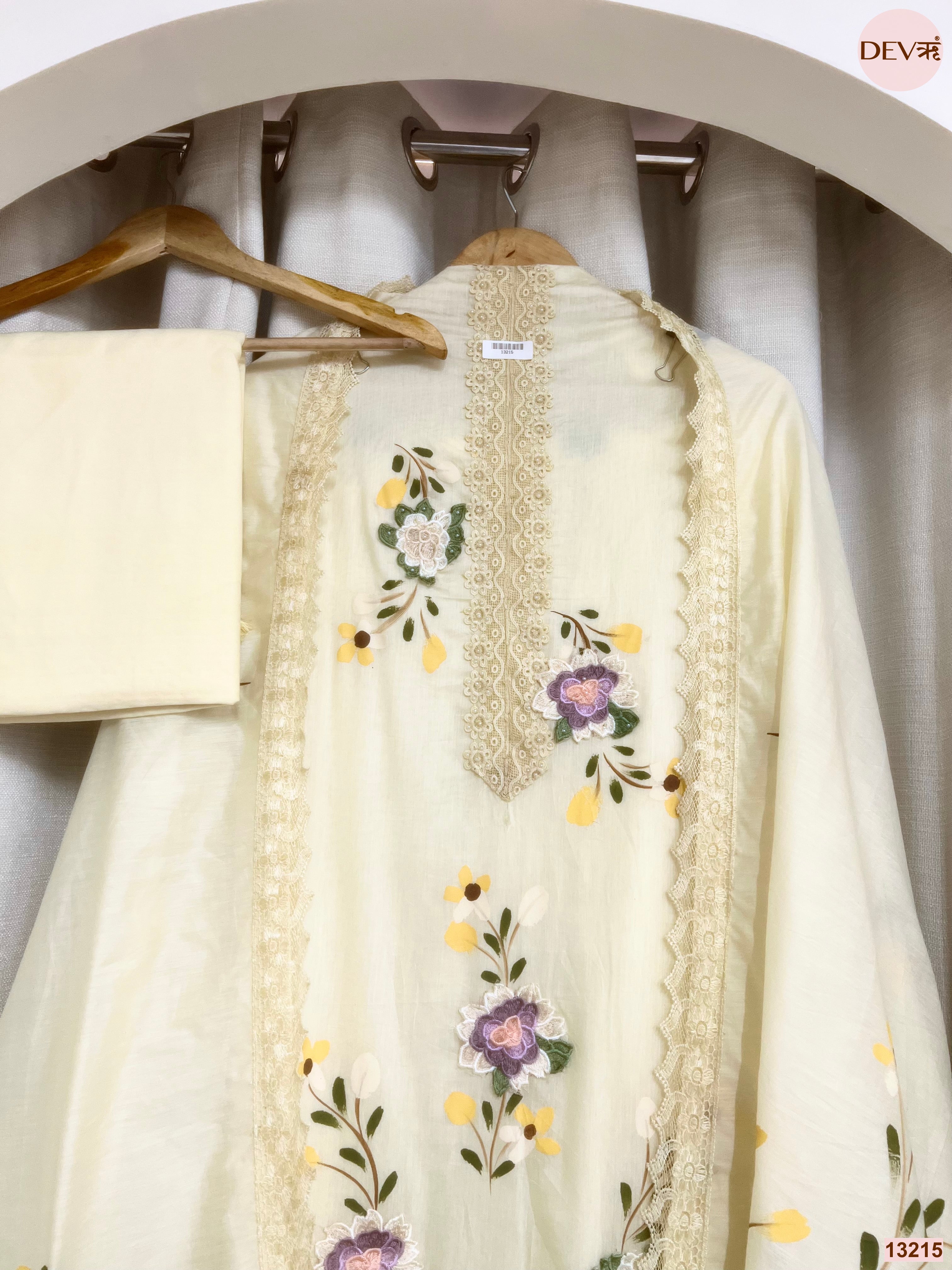 Lemon Mul Chanderi Embroidered Unstitched 3-Piece Suit (Devri – D.No 13215)