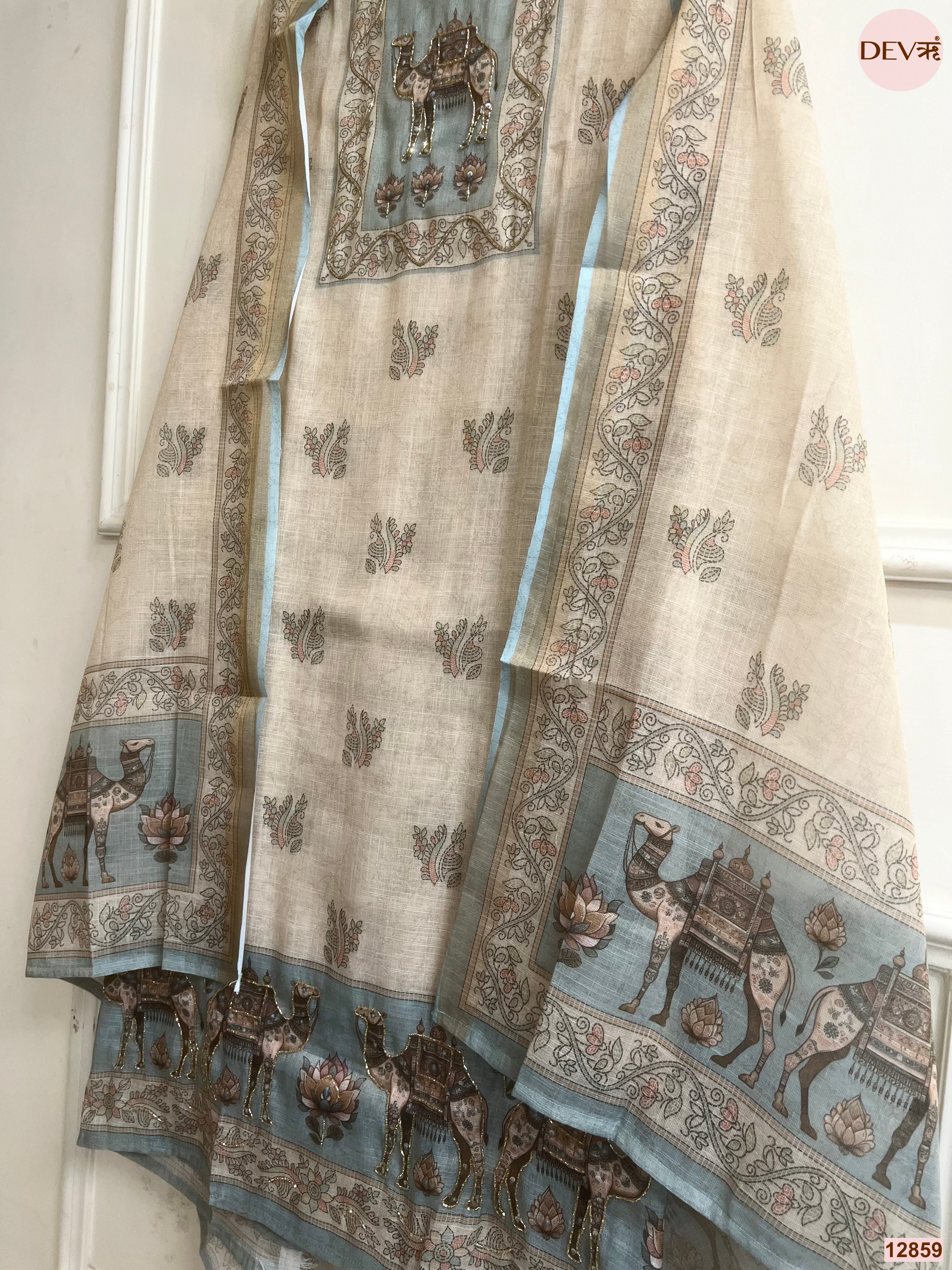Blue Linen Cotton Printed Unstitched 3-Piece Suit (Devri – D.No 12859)