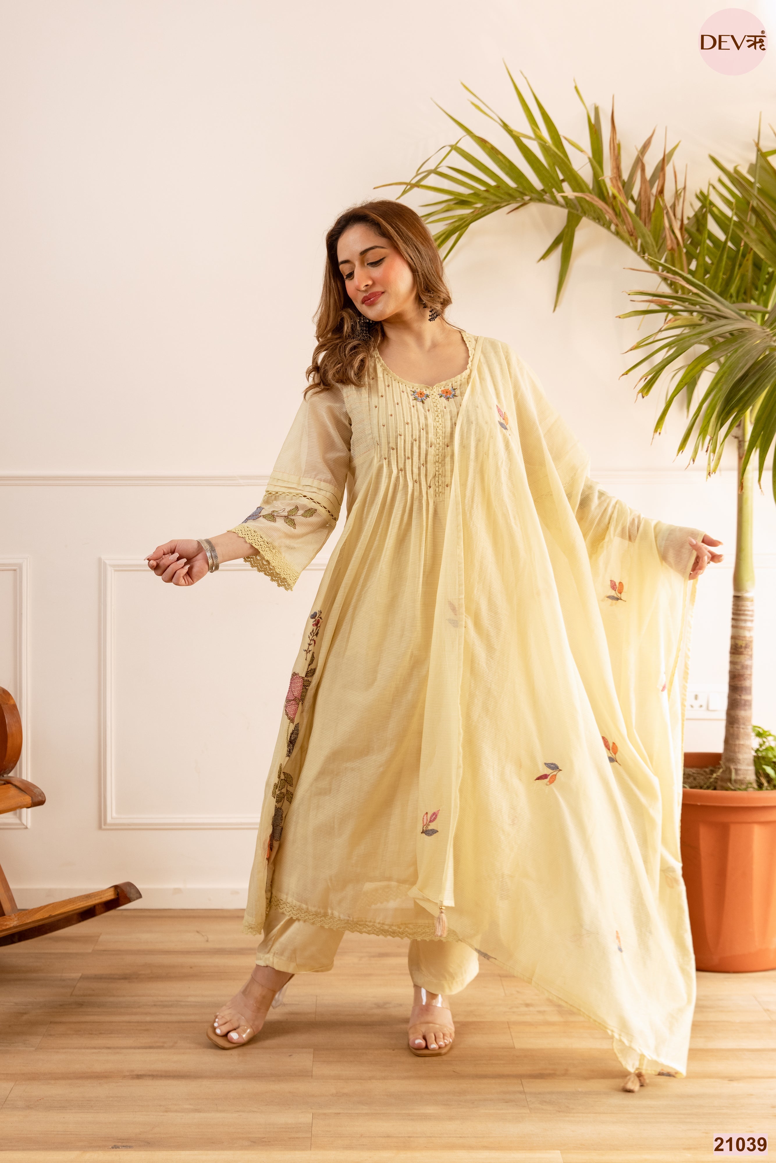 Gulnaar Net Chanderi Embroidered Yellow 3-Piece Set (Devri – D.No 21039)