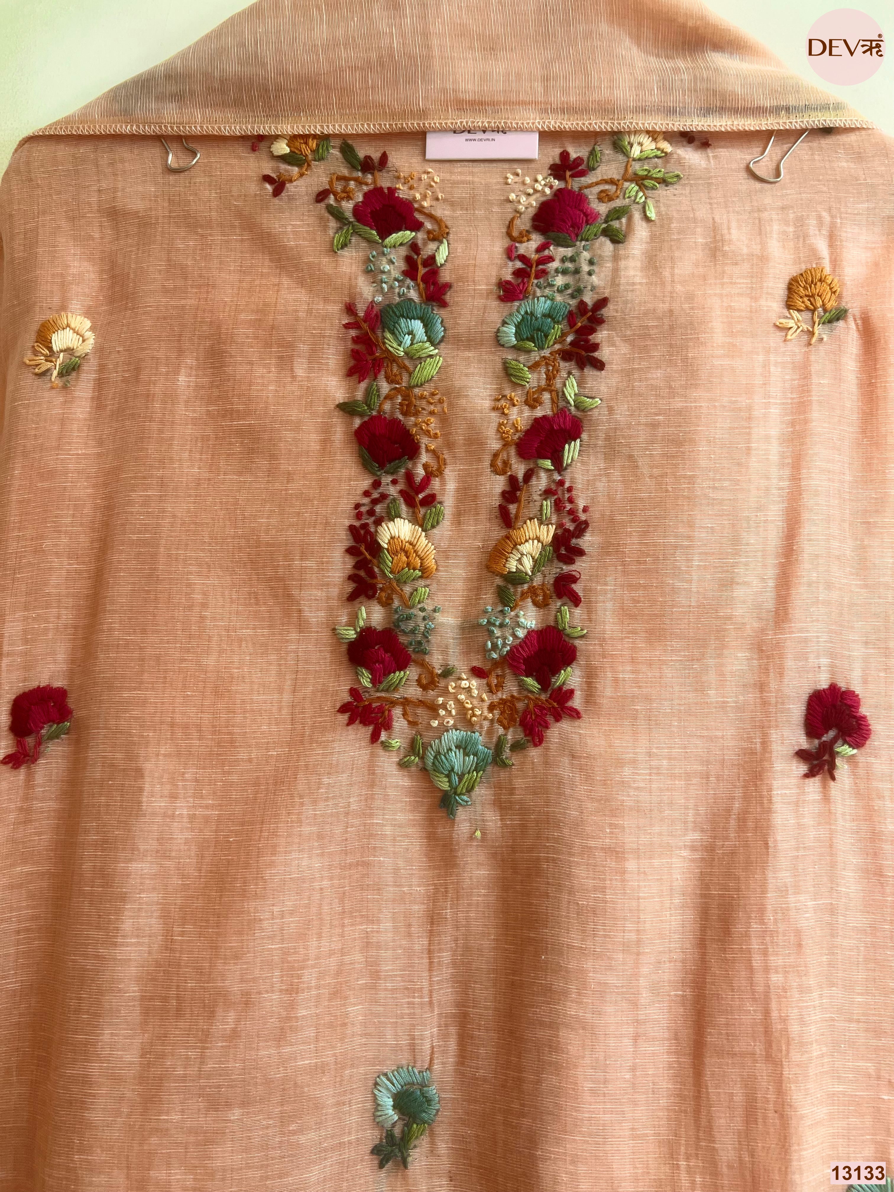 Peach Jamdani Cotton Embroidered Unstitched 3-Piece Suit (Devri – D.No 13133)