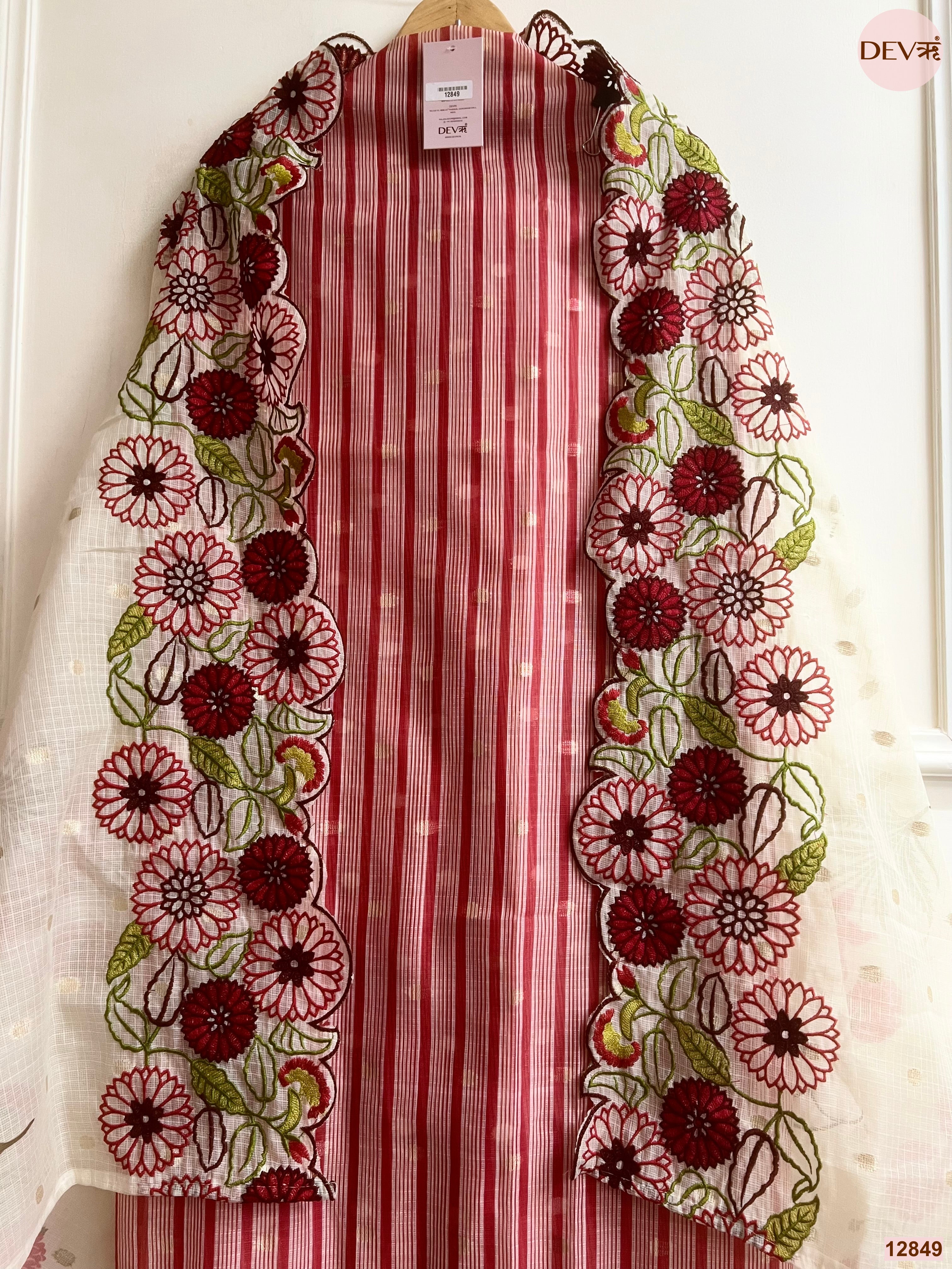 Red Zari Kota Embroidered Unstitched 3-Piece Suit (Devri – D.No 12849)