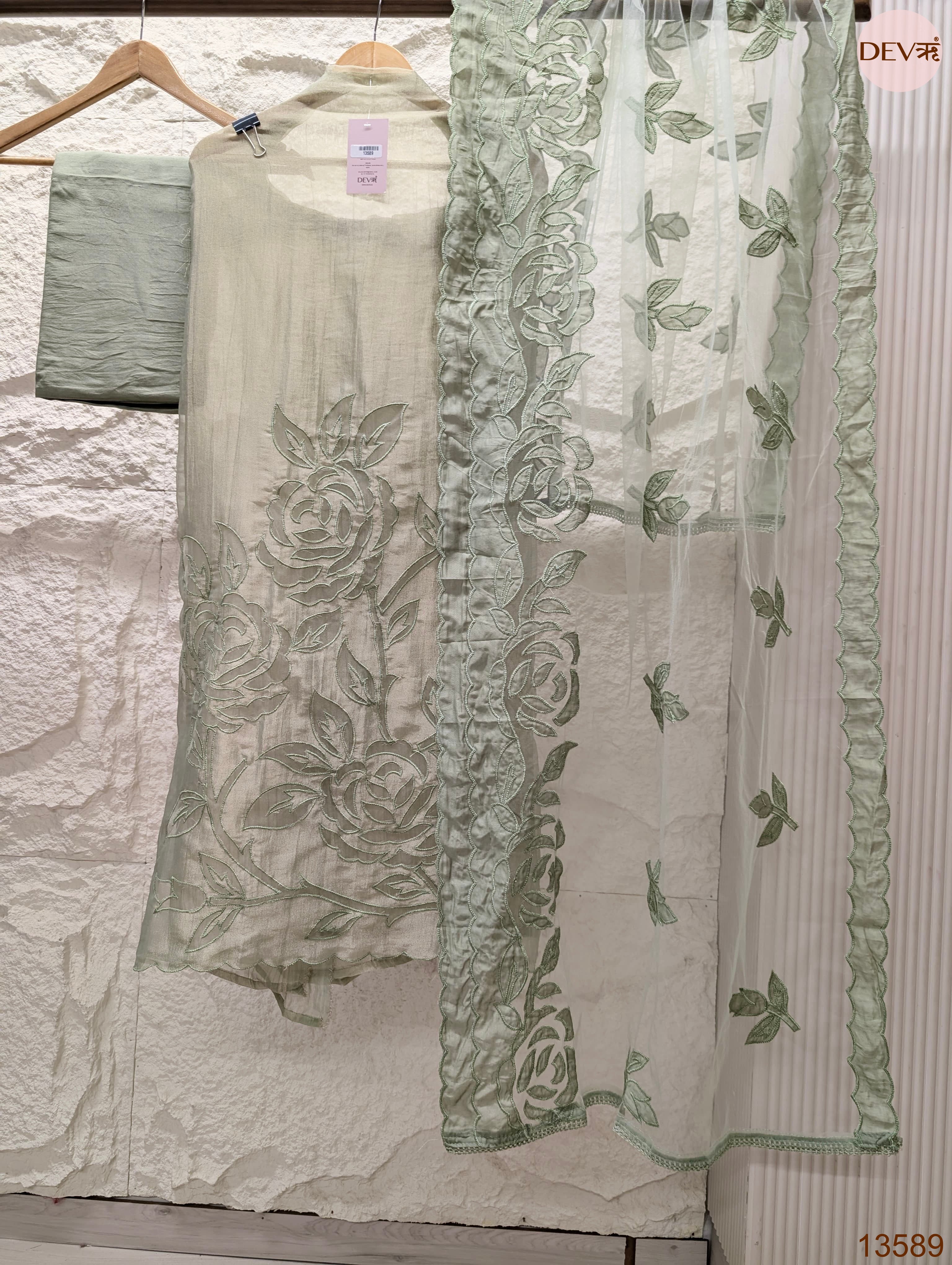 Sage Tissue Crush Silk Embroidered Unstitched 3-Piece Suit (Devri – D.No 13589)