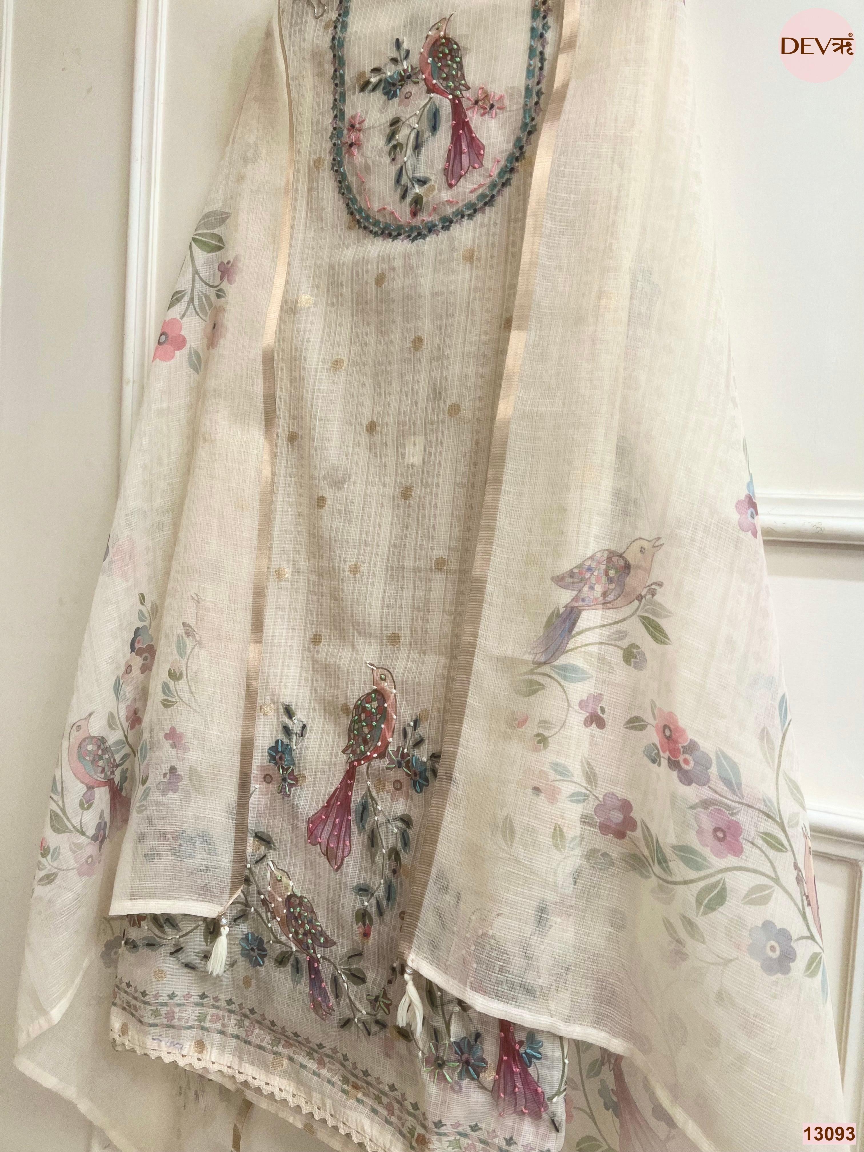Cream Kota Embroidered Unstitched 3-Piece Suit (Devri – D.No 13093)