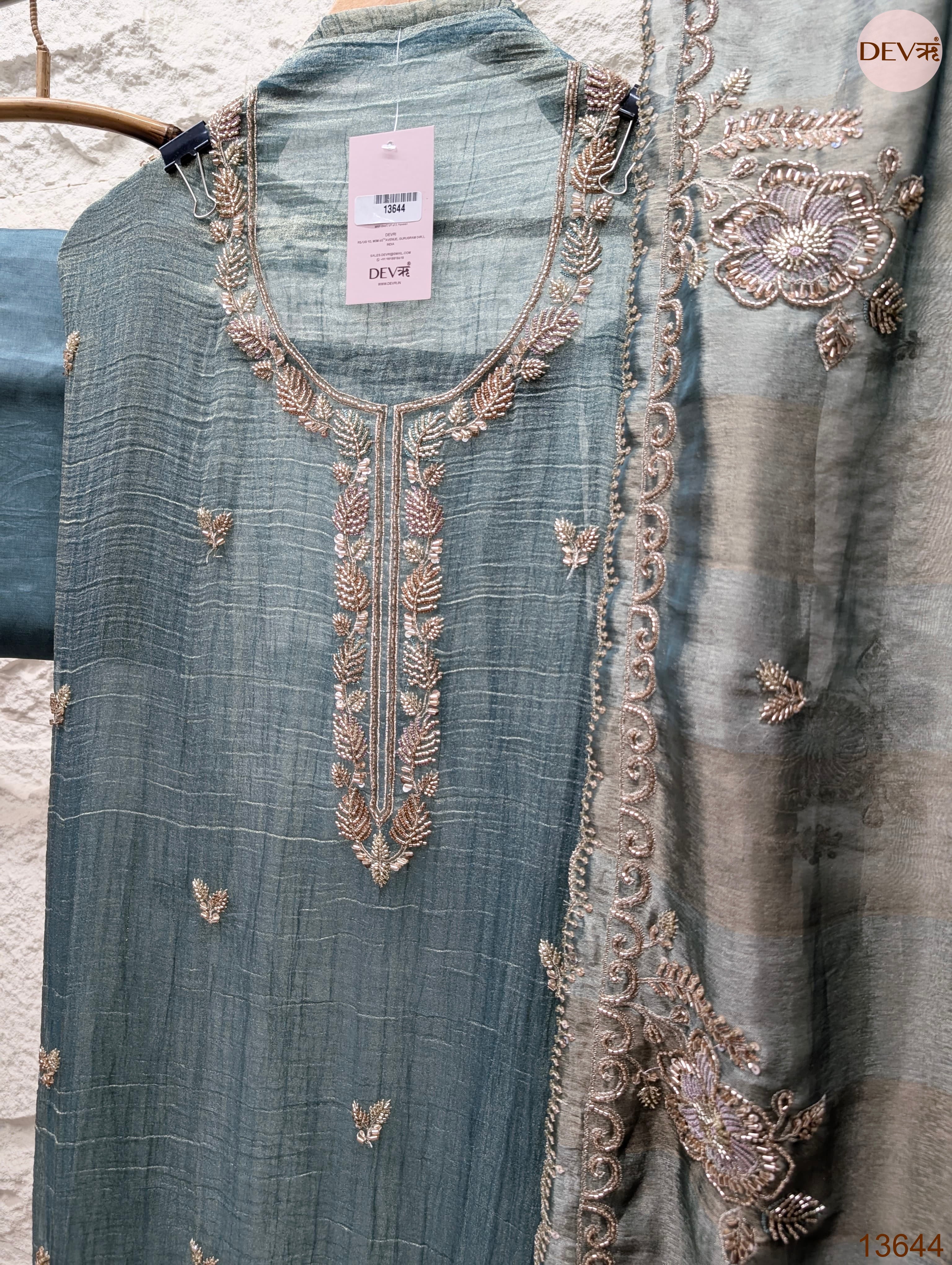 Teal Tissue Crush Silk Embroidered Unstitched 3-Piece Suit (Devri – D.No 13644)