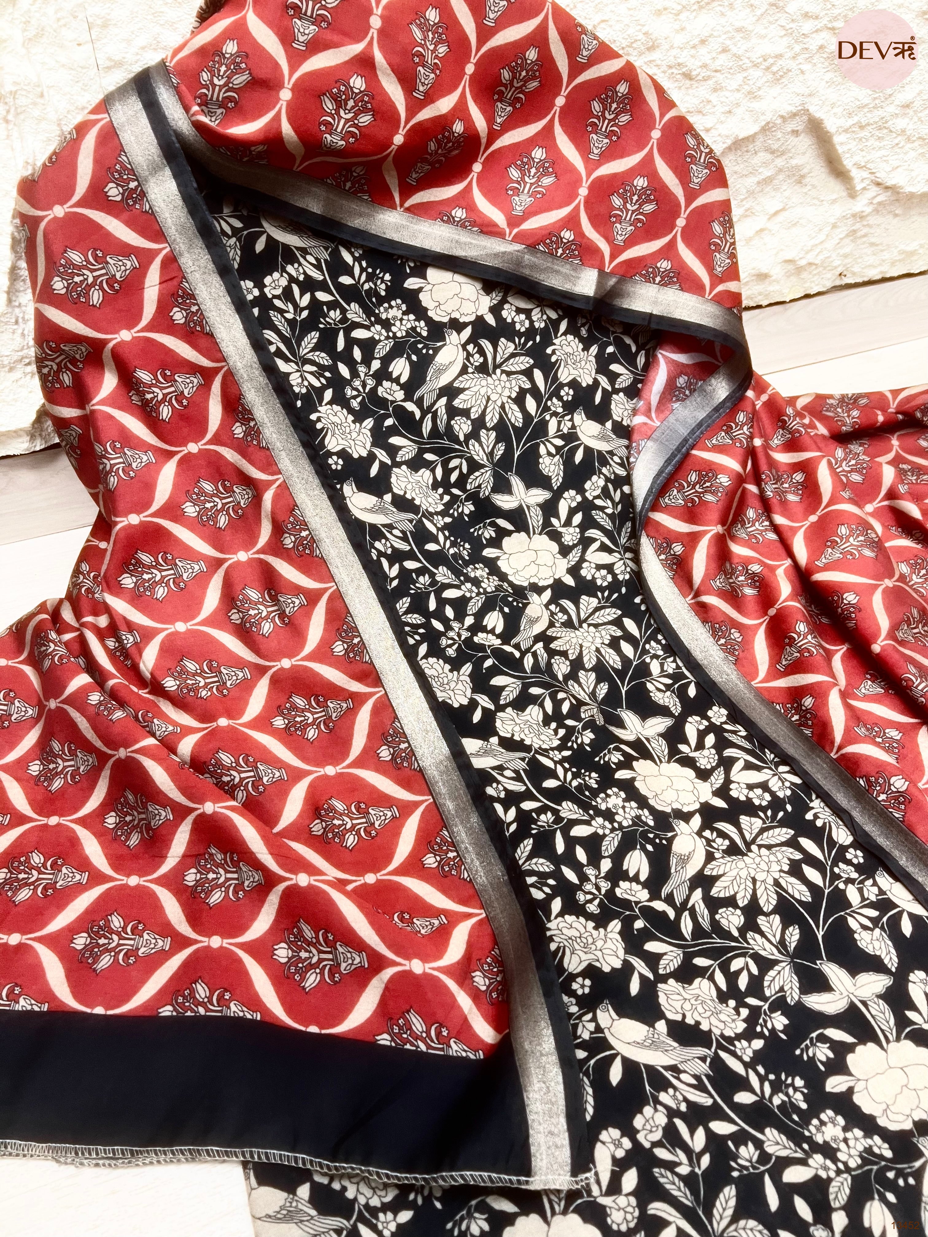 Black Maheshwari Silk Printed Unstitched 3-Piece Suit (Devri – D.No 13452)