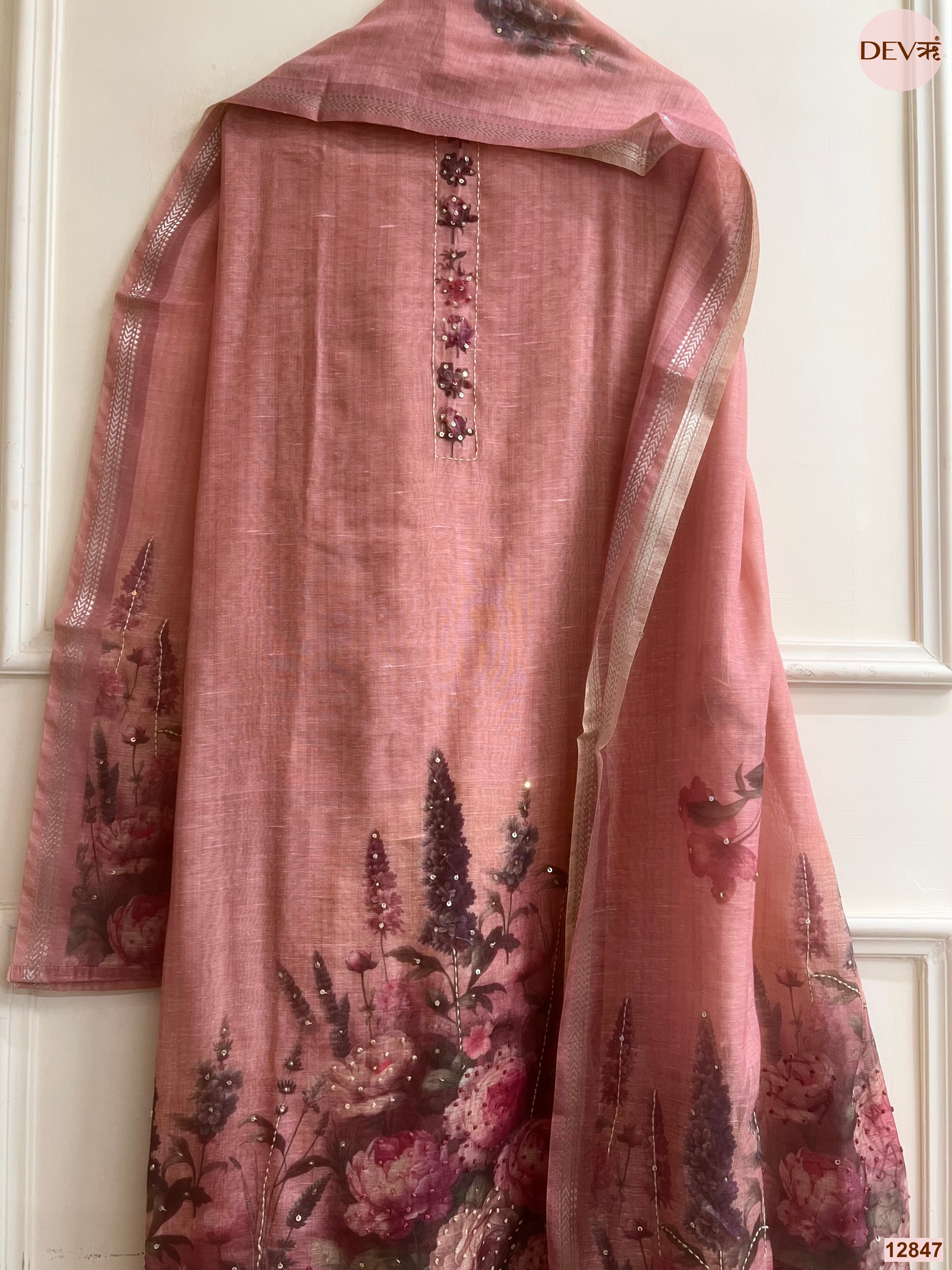 Pink Mul Chanderi Printed Unstitched 3-Piece Suit (Devri – D.No 12847)