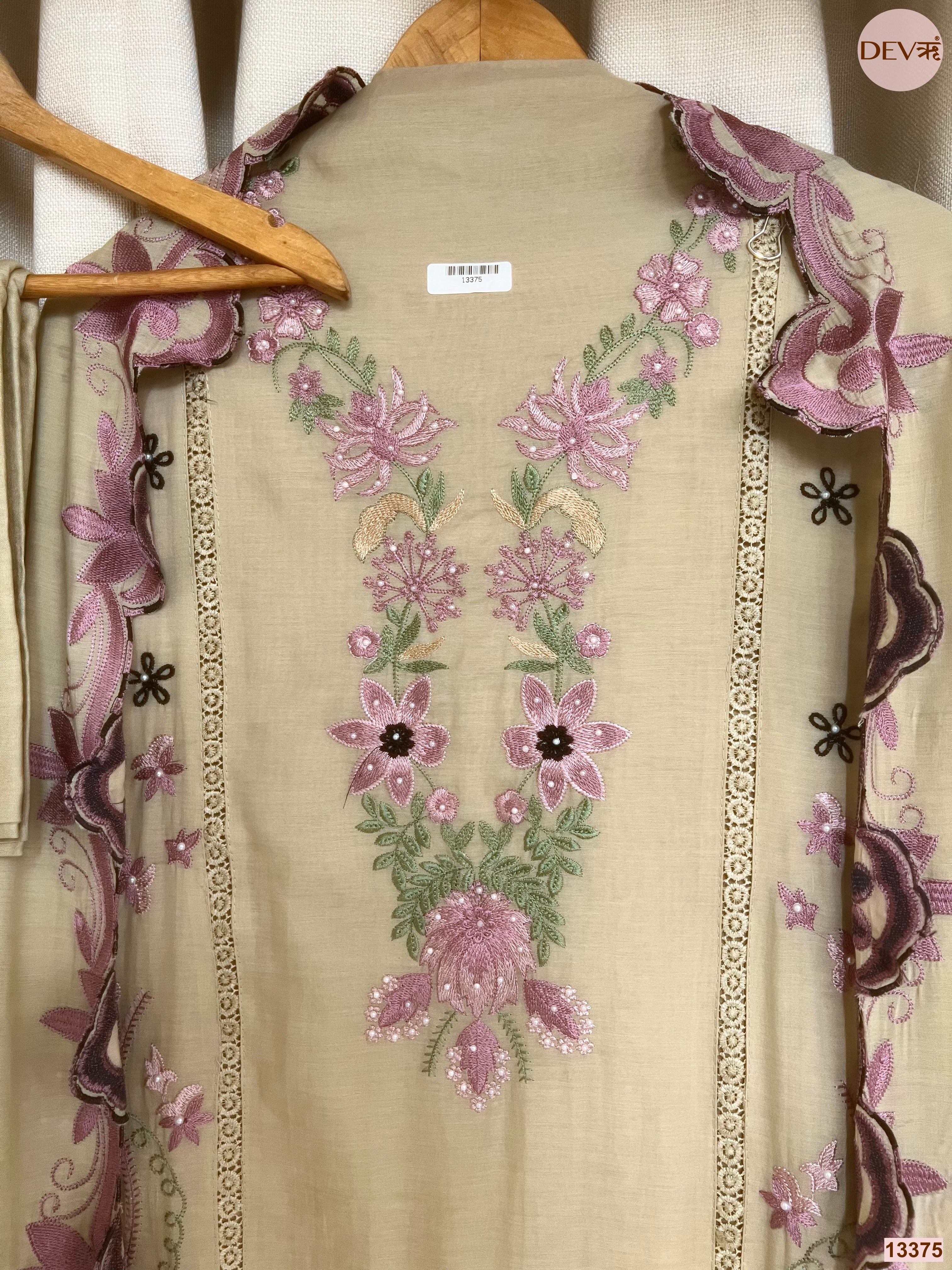Beige Mul Cotton Embroidered Unstitched 3-Piece Suit (Devri – D.No 13375)