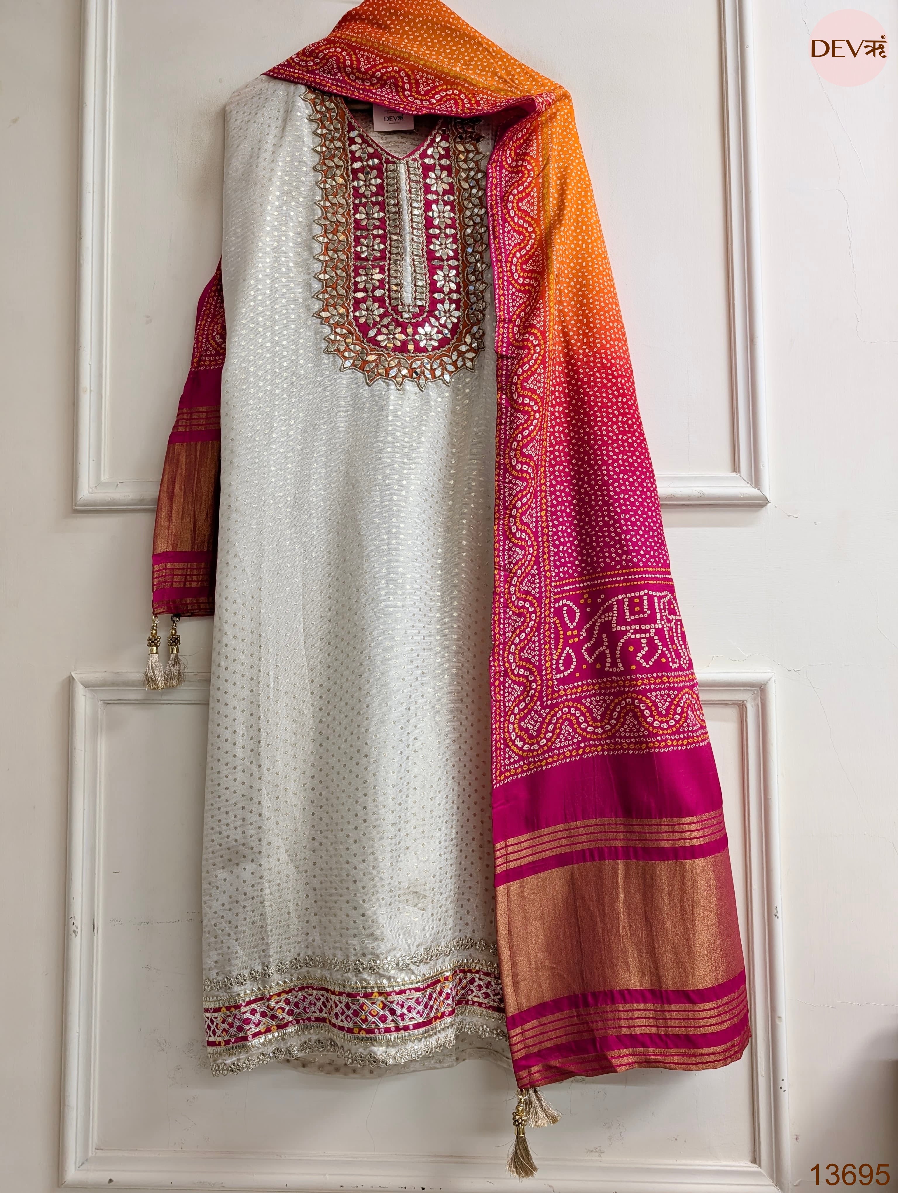 Off White Tissue Silk Embroidered Unstitched 3-Piece Suit (Devri – D.No 13695)