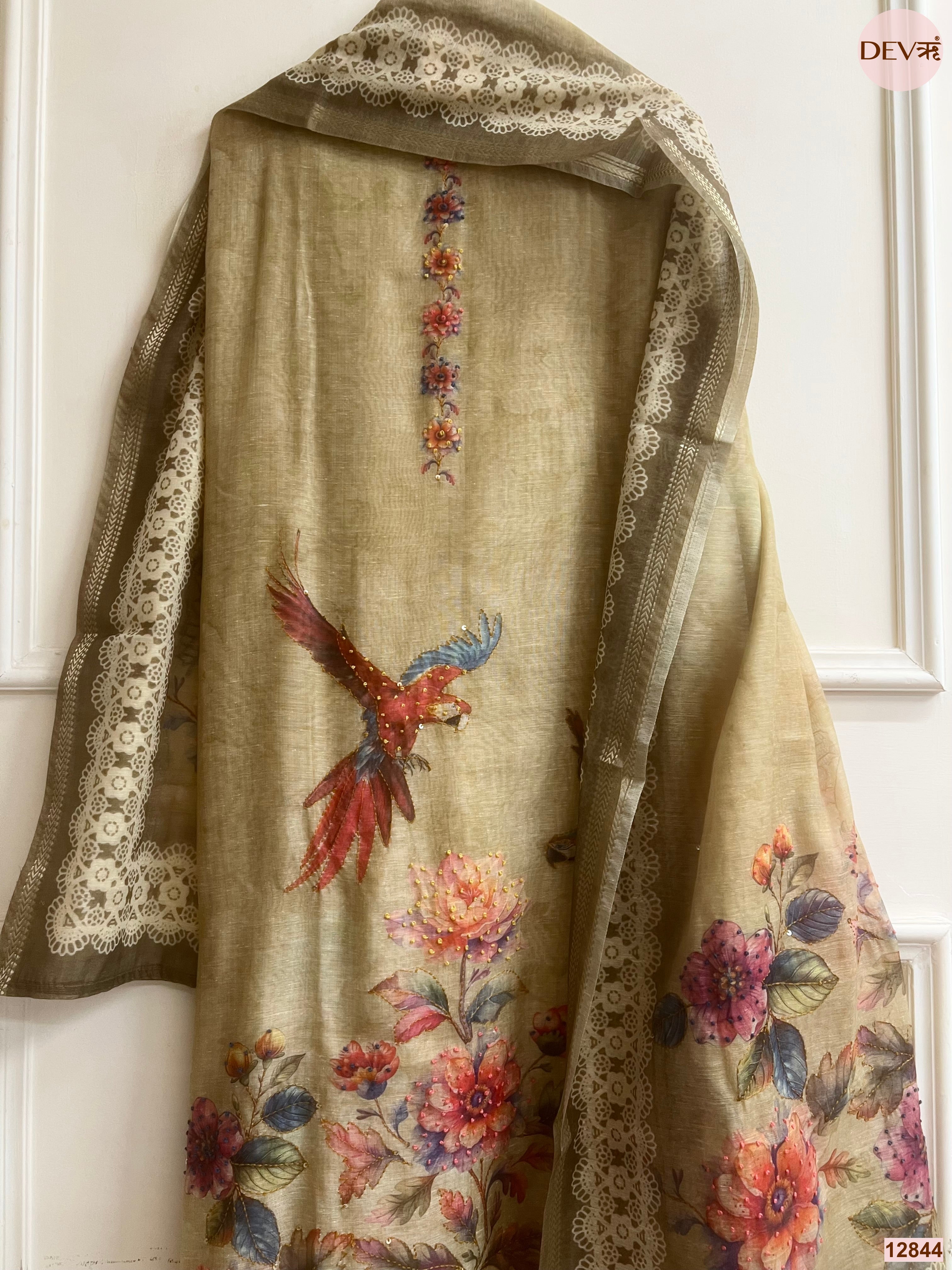 Olive Mul Chanderi Printed Unstitched 3-Piece Suit (Devri – D.No 12844)