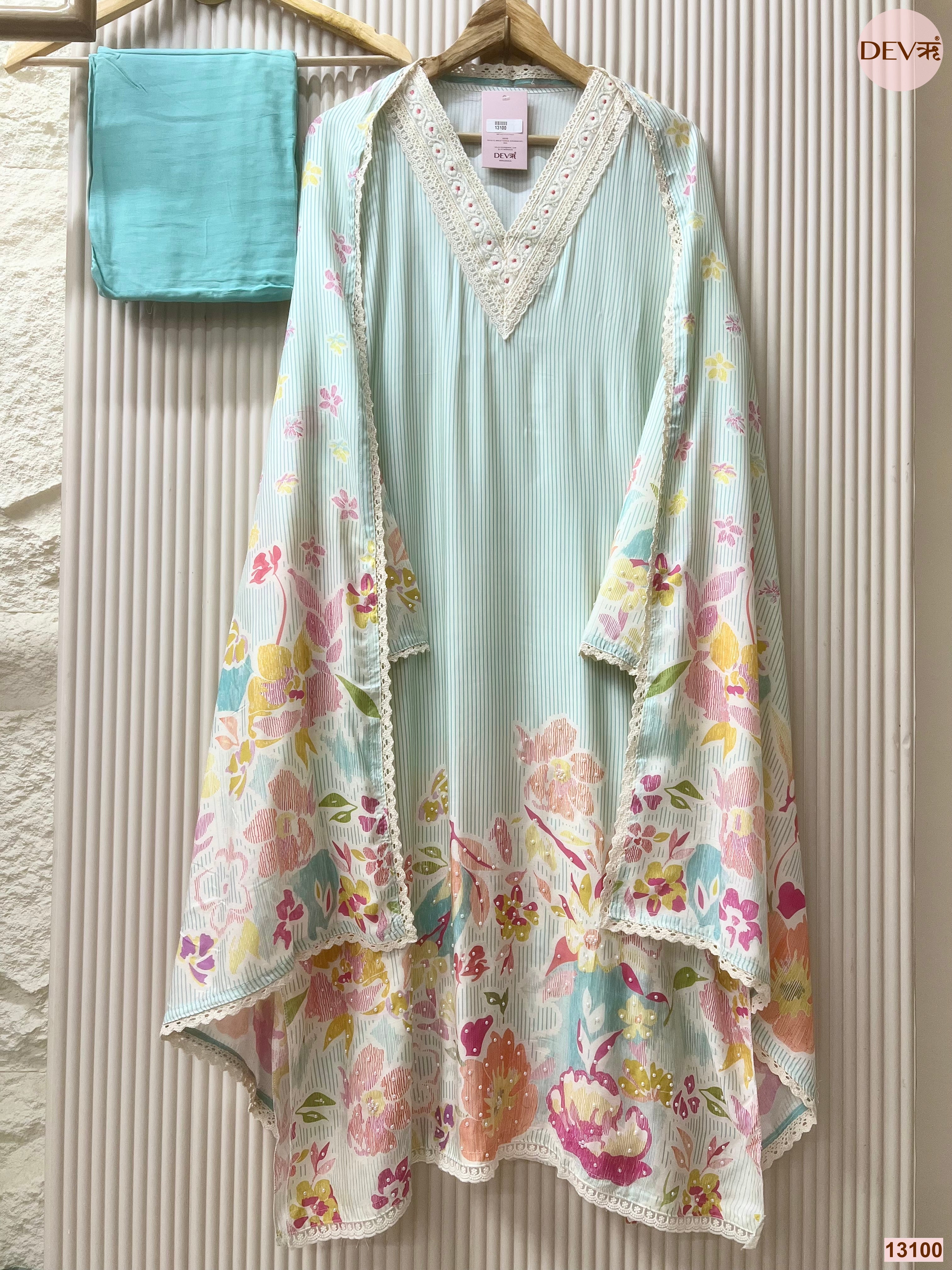 Aqua Muslin Printed Unstitched 3-Piece Suit (Devri – D.No 13100)