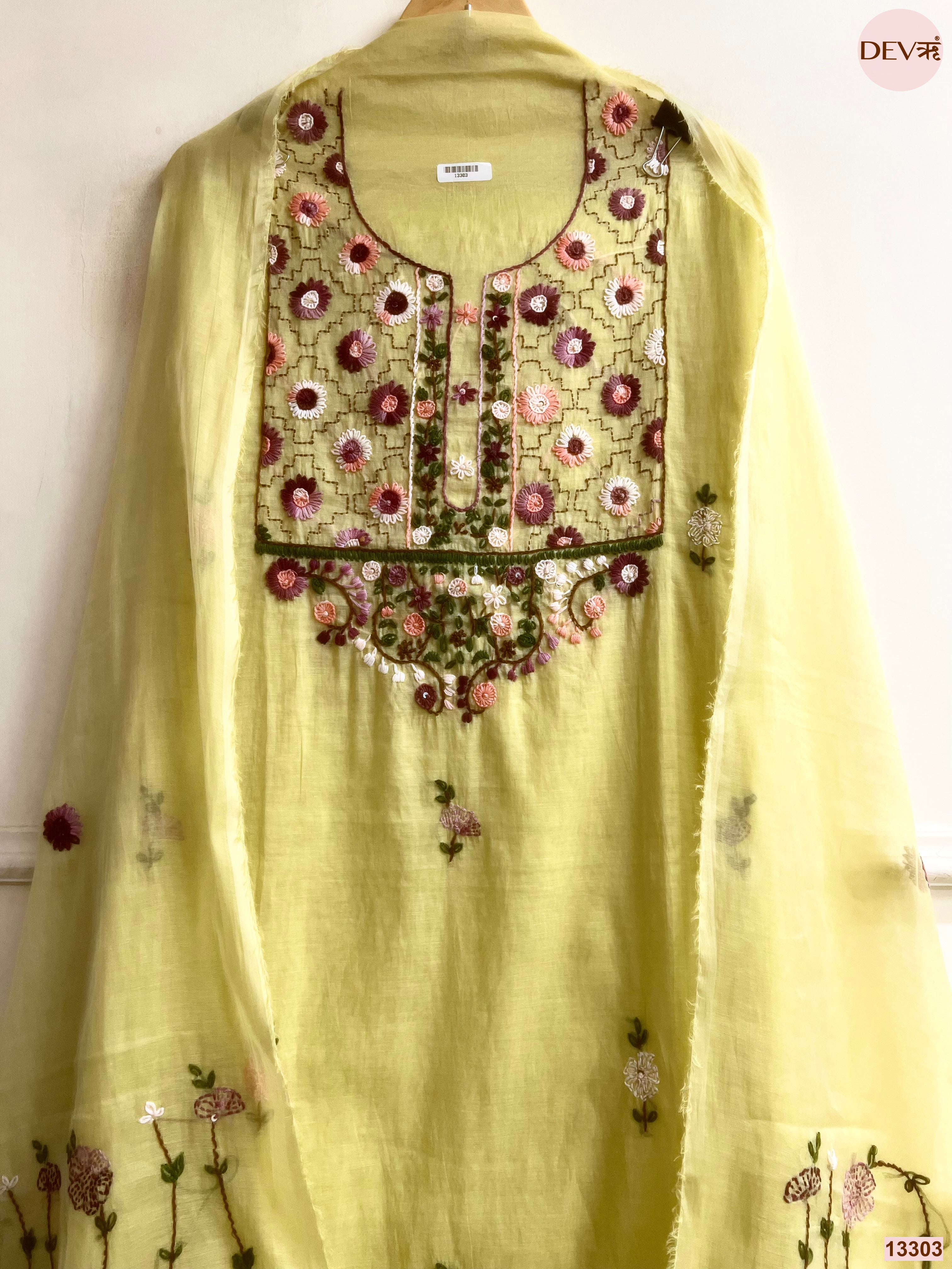 Yellow Mul Chanderi Embroidered Unstitched 3-Piece Suit (Devri – D.No 13303)