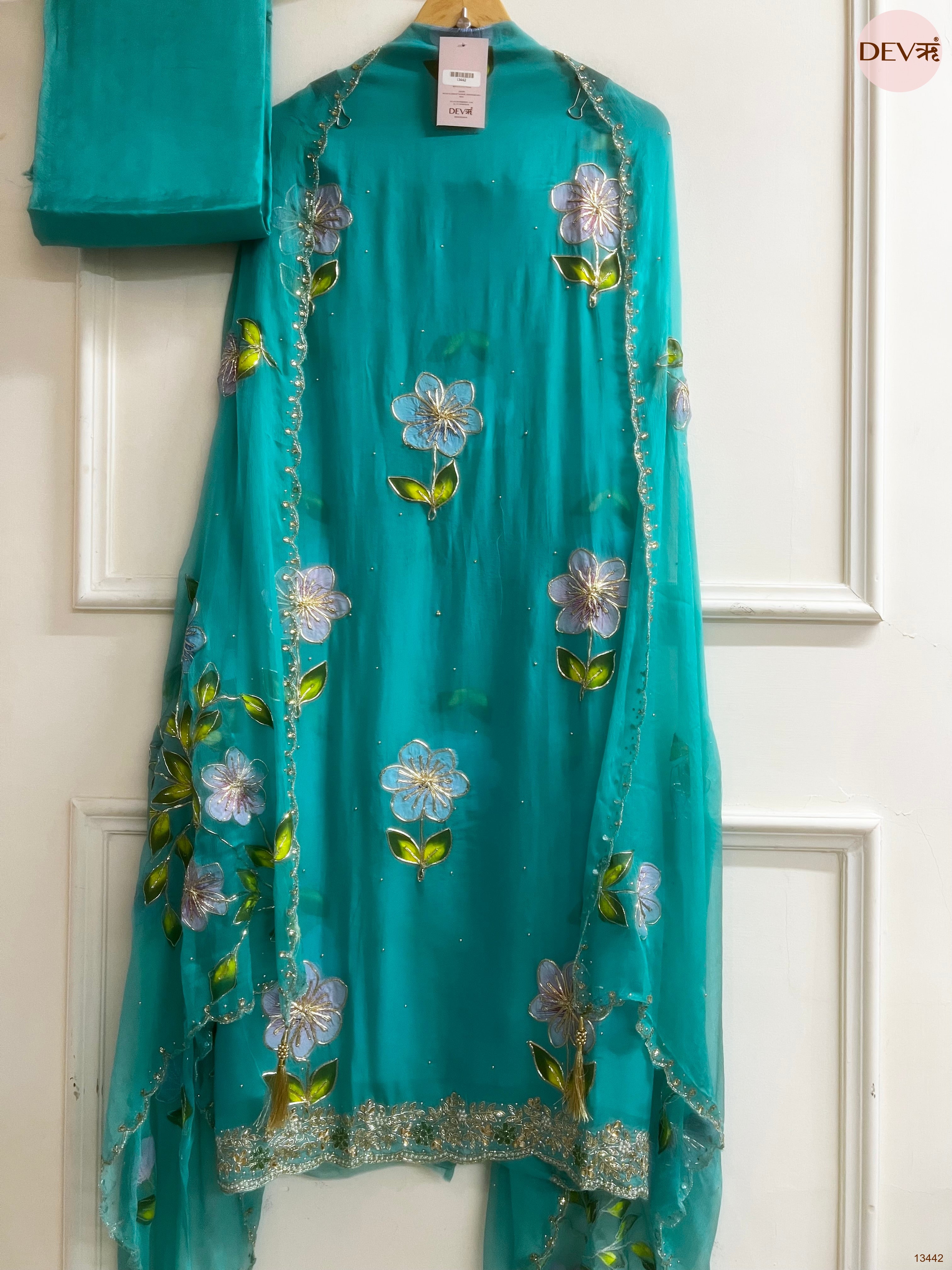 Teal viscose organza Embroidered Unstitched 3-Piece Suit (Devri – D.No 13442)