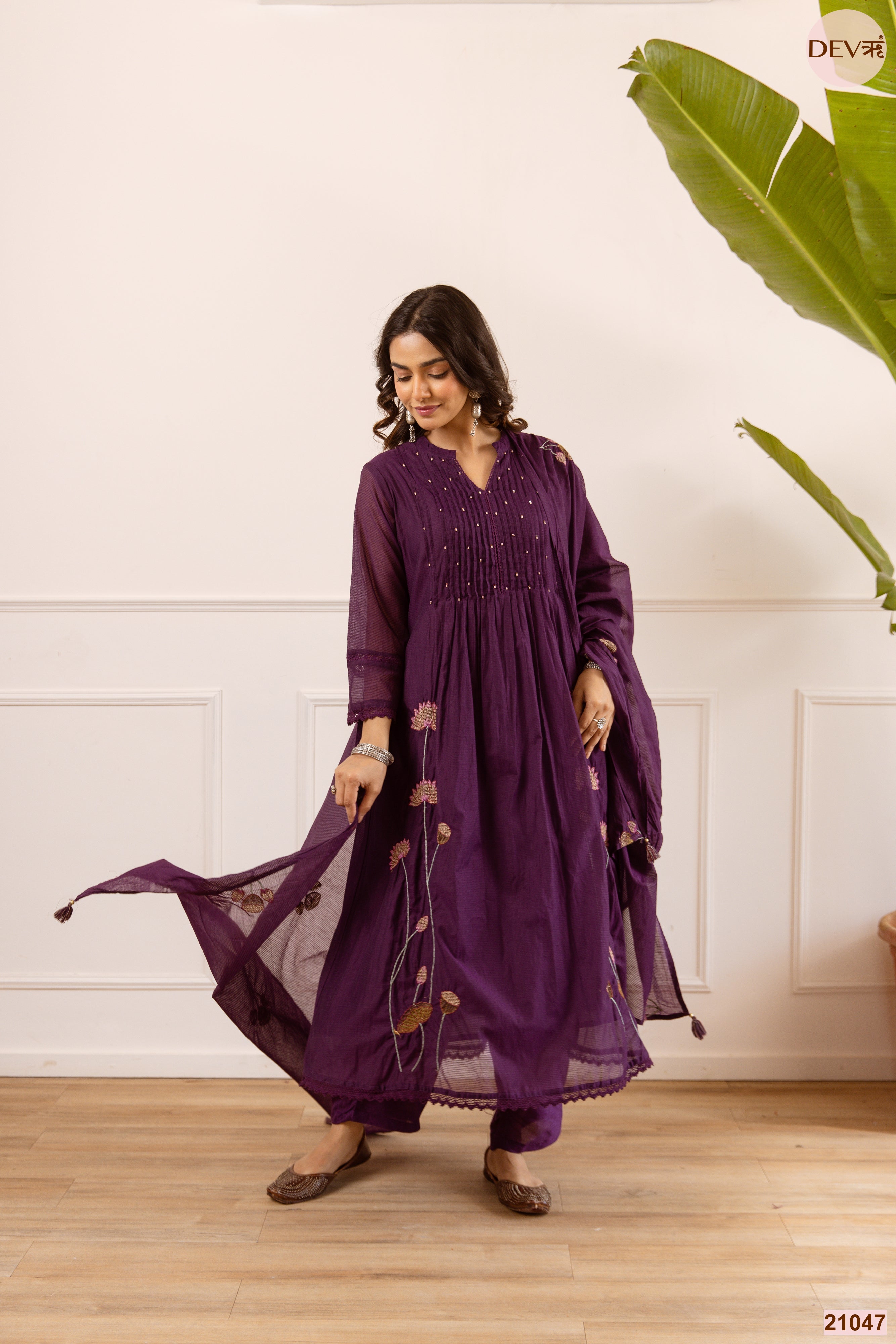 Meher Net Chanderi Embroidered Purple 3-Piece Set (Devri – D.No 21047)