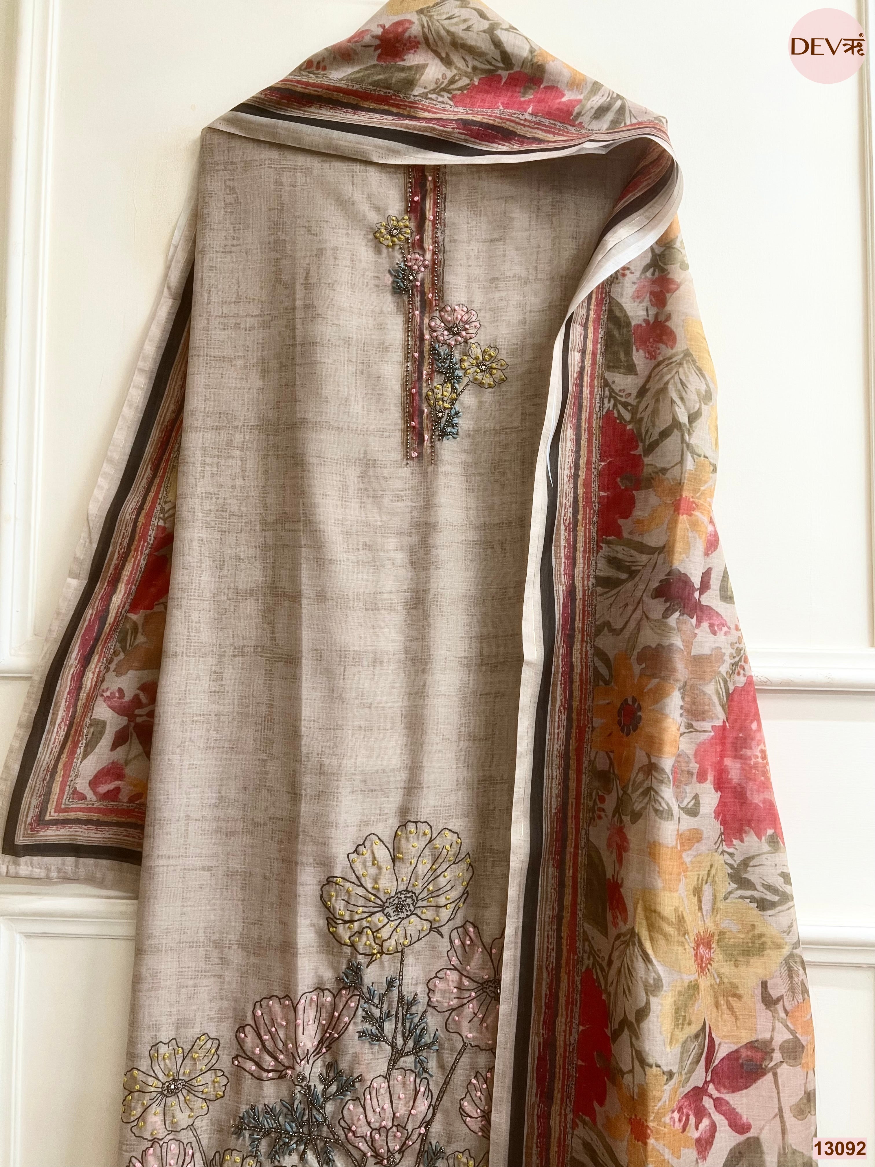 Beige Mul Chanderi Printed Unstitched 3-Piece Suit (Devri – D.No 13092)